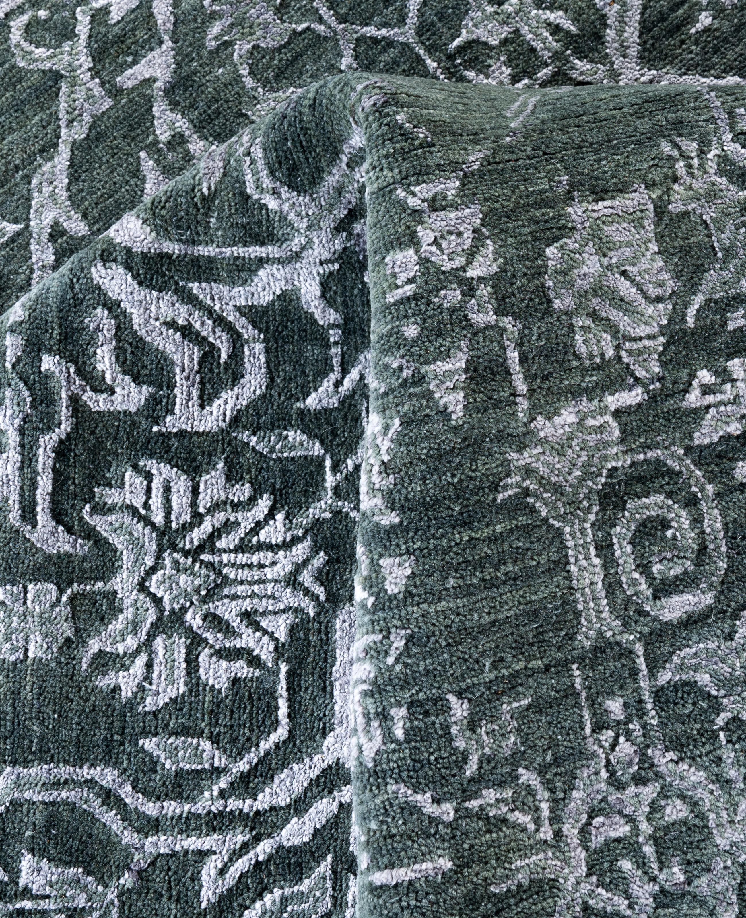 Laine Tapis traditionnel abstrait en laine et soie noué à la main vert 9' 1