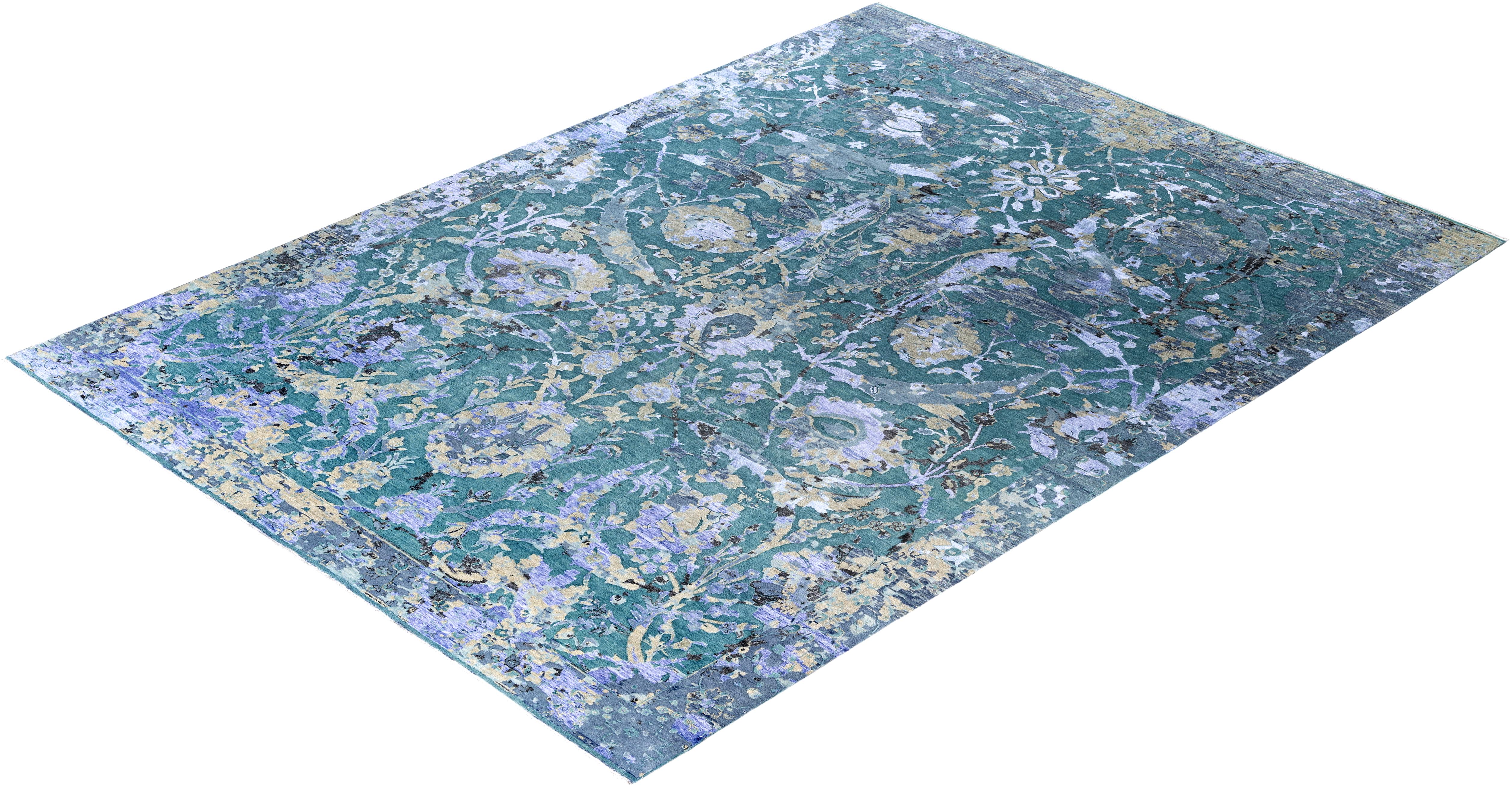 Traditional Abstract Wool, Silk Hand Knotted Green Area Rugs 9' 1