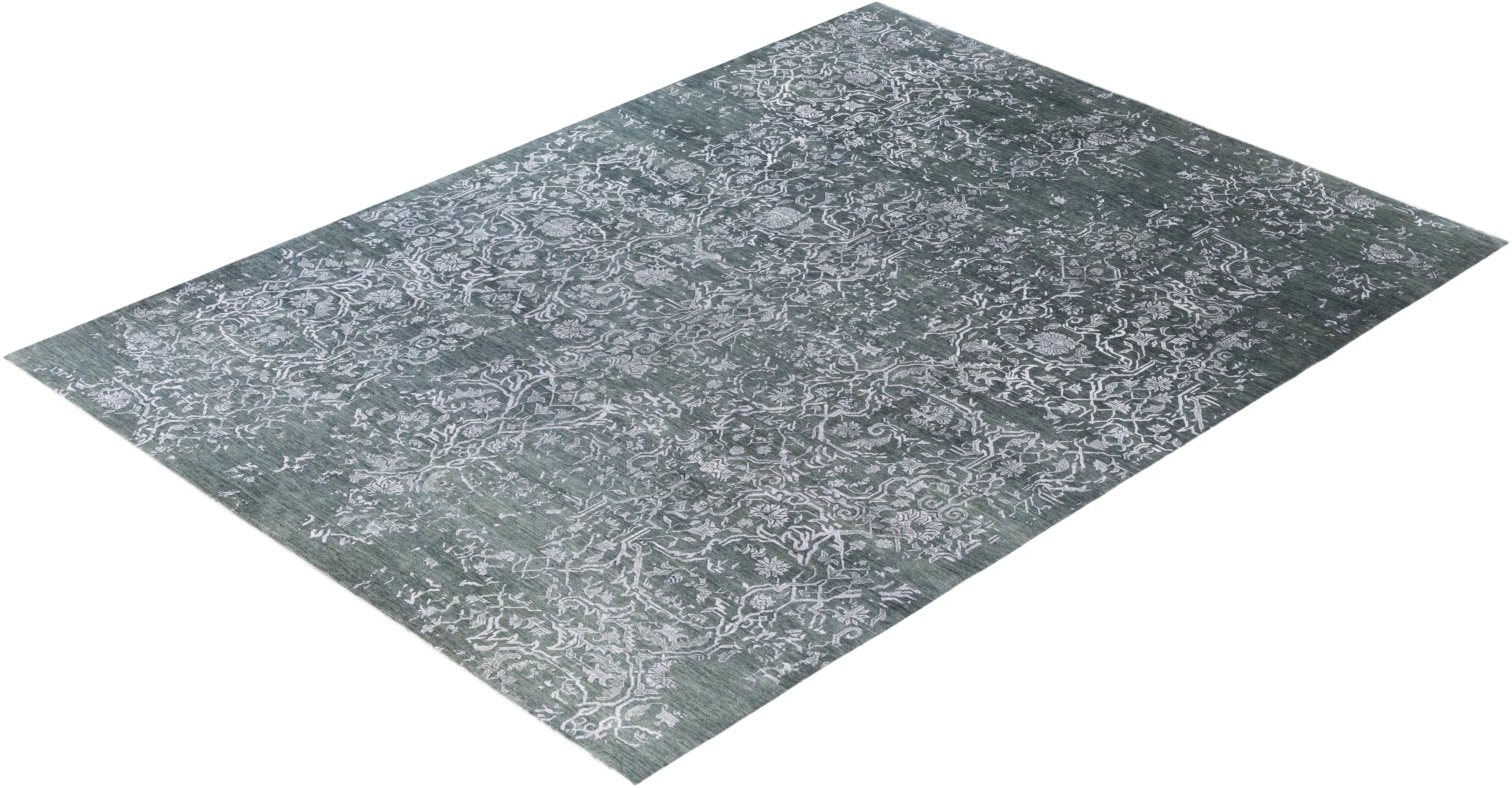 Tapis traditionnel abstrait en laine et soie noué à la main vert 9' 1