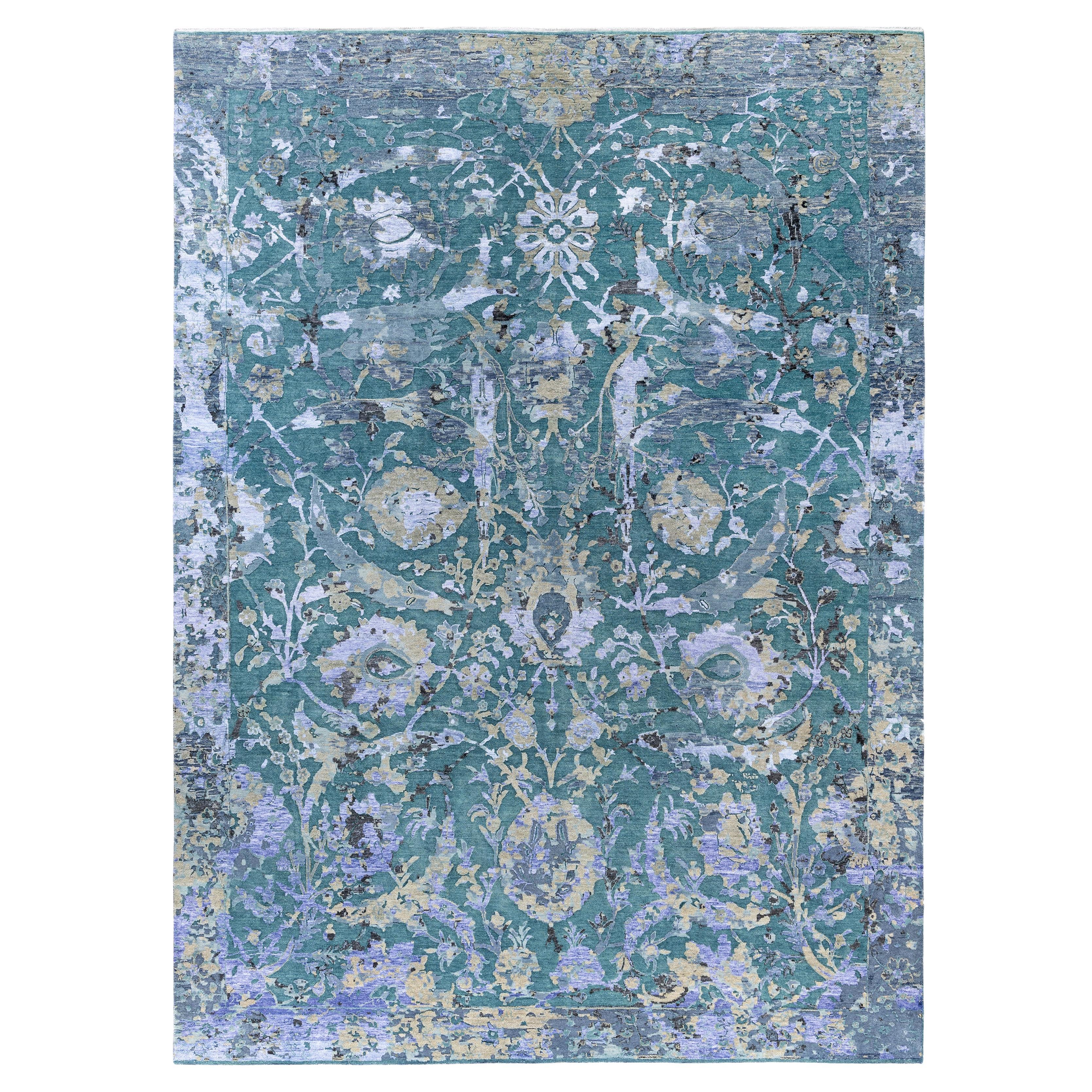 Traditional Abstract Wool, Silk Hand Knotted Green Area Rugs 9' 1" x 12' 4"