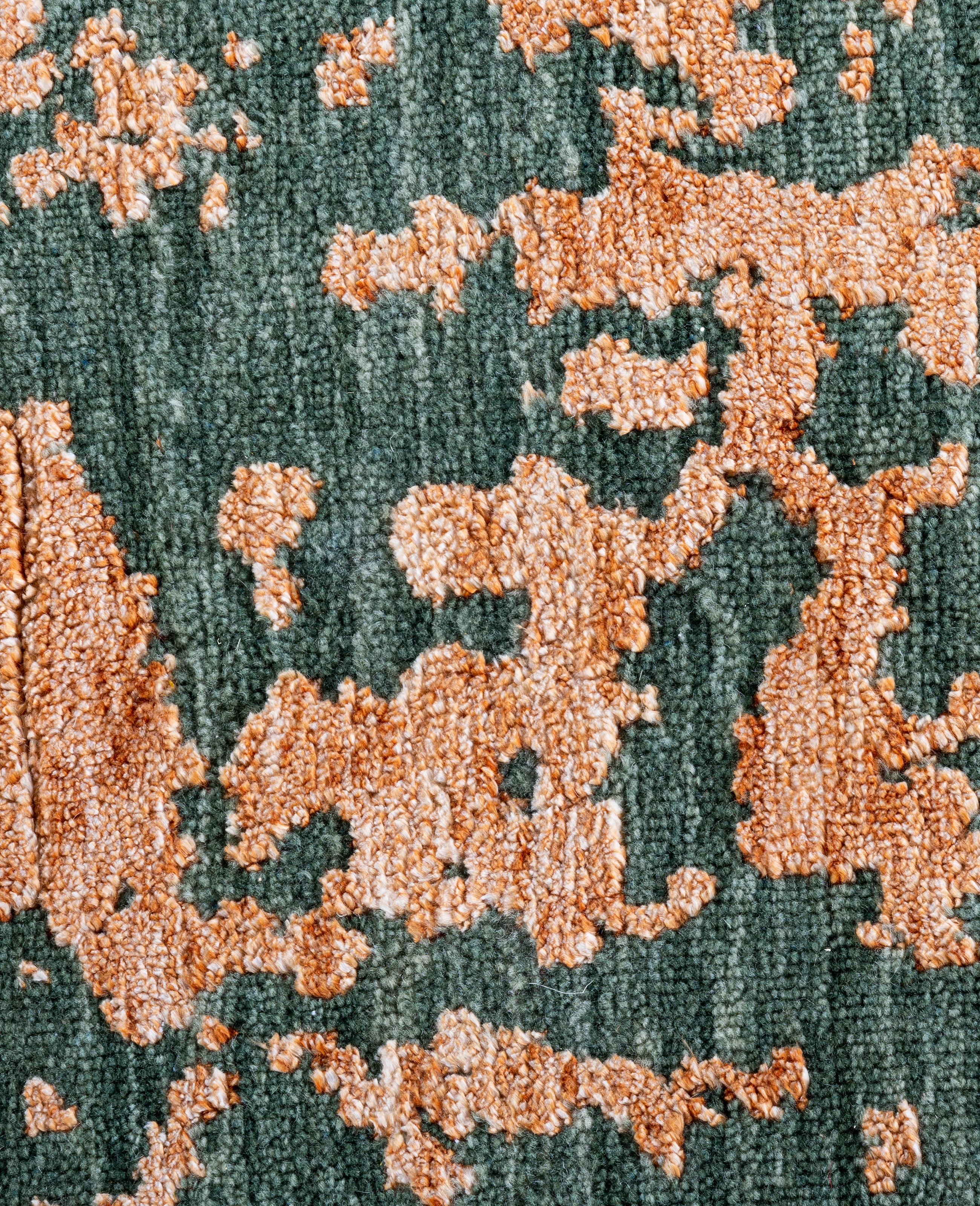 Indiano Tappeto tradizionale astratto in lana e seta annodato a mano di colore verde 9'2