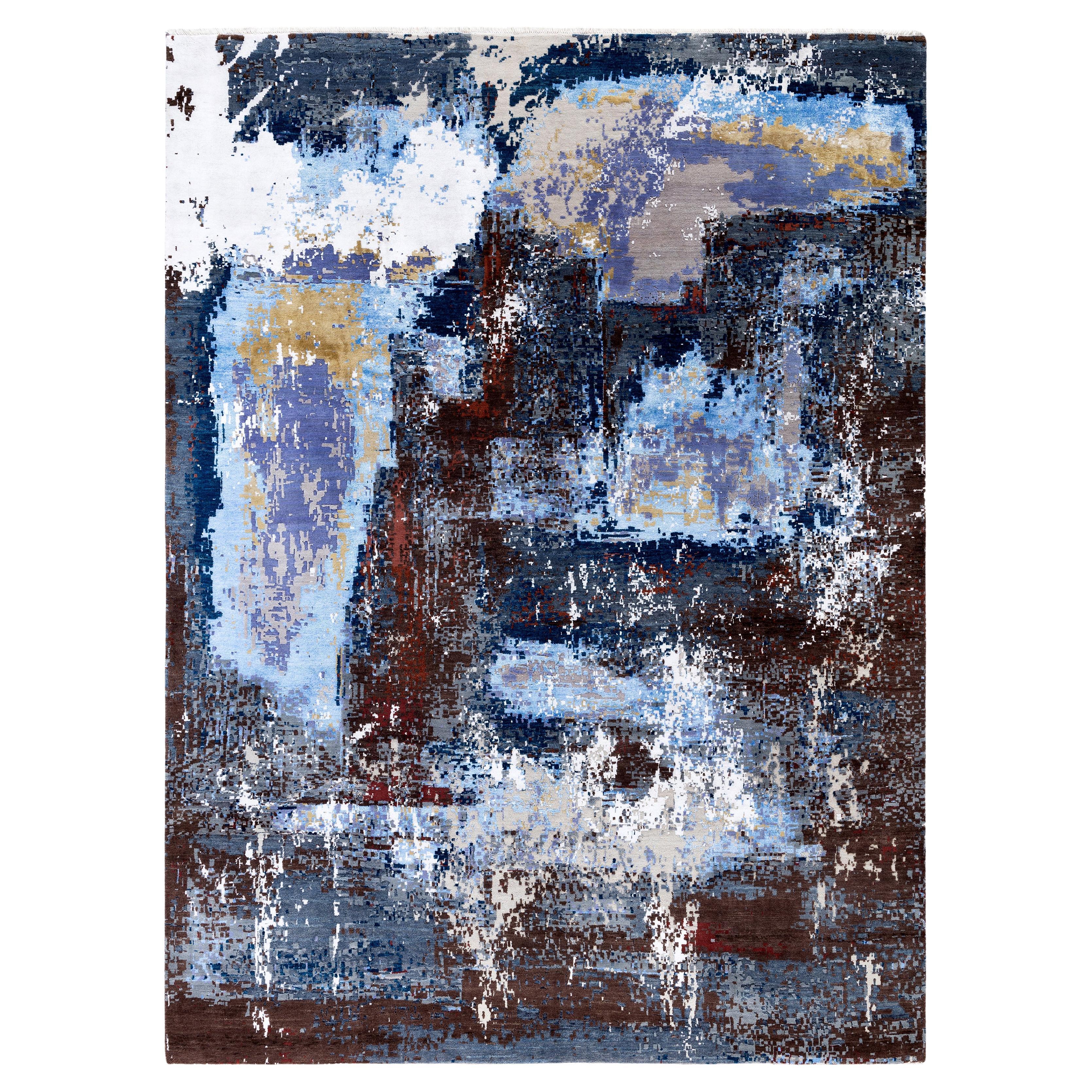 Tapis traditionnel abstrait en laine et soie noué à la main ivoire 9' 1" x 12' 1"