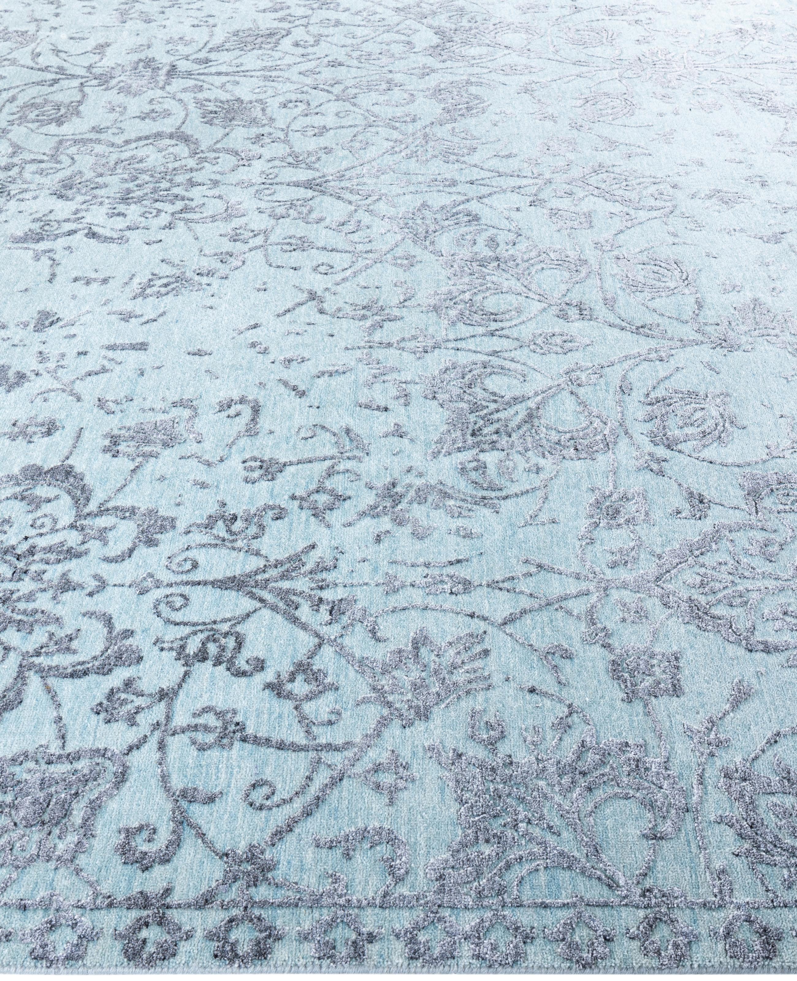 Noué à la main Tapis traditionnel abstrait bleu clair noué à la main 9' 0