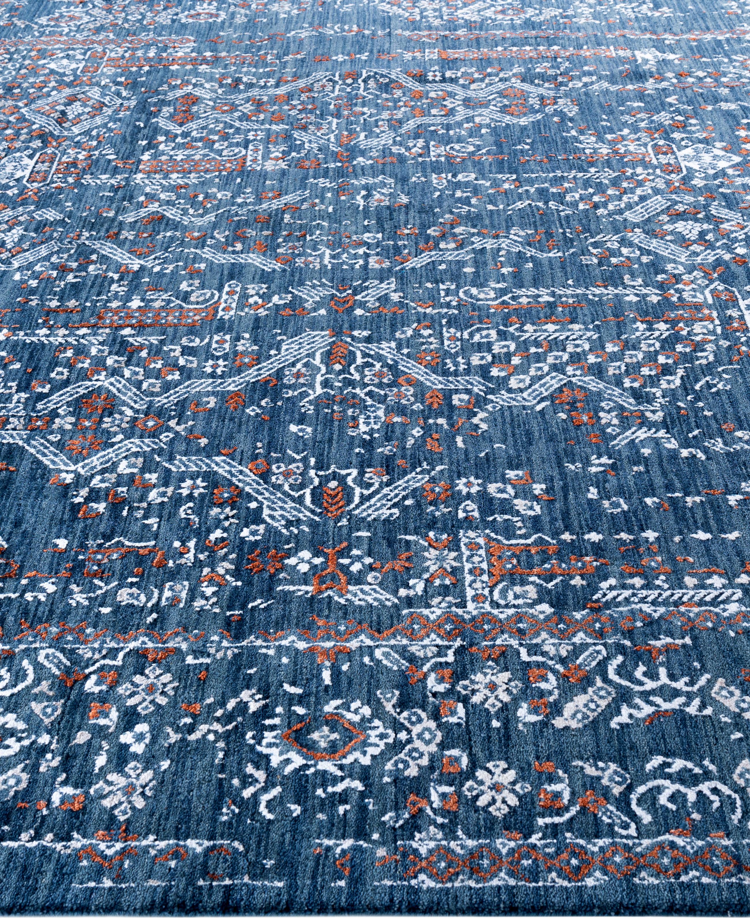 Annodato a mano Traditional Abstract Wool, Silk Hand Knoted Navy Area Rugs 7' 10