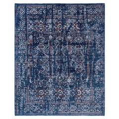 Alfombra tradicional abstracta de lana y seda anudada a mano azul marino 7' 10" x 9' 8