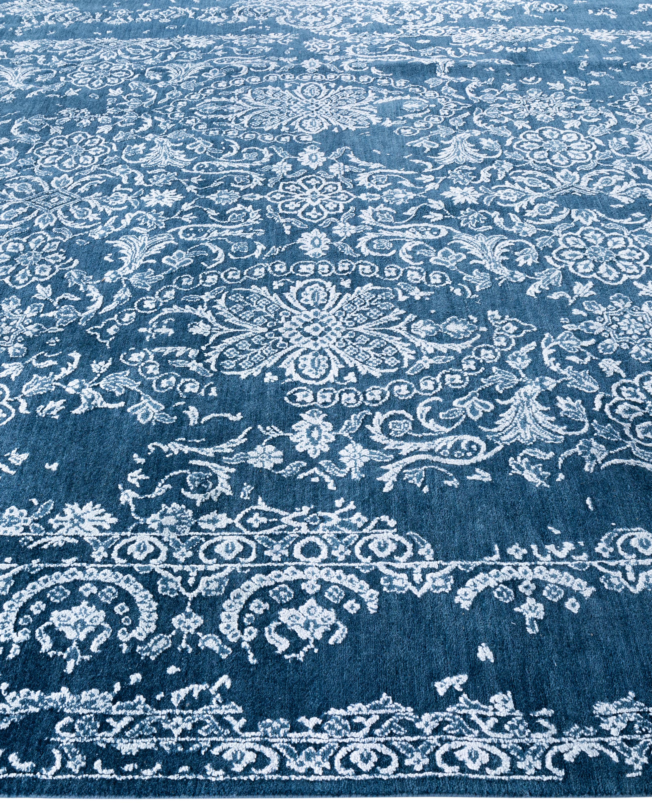 Annodato a mano Traditional Abstract Wool, Silk Hand Knotted Navy Area Rugs 8' 0