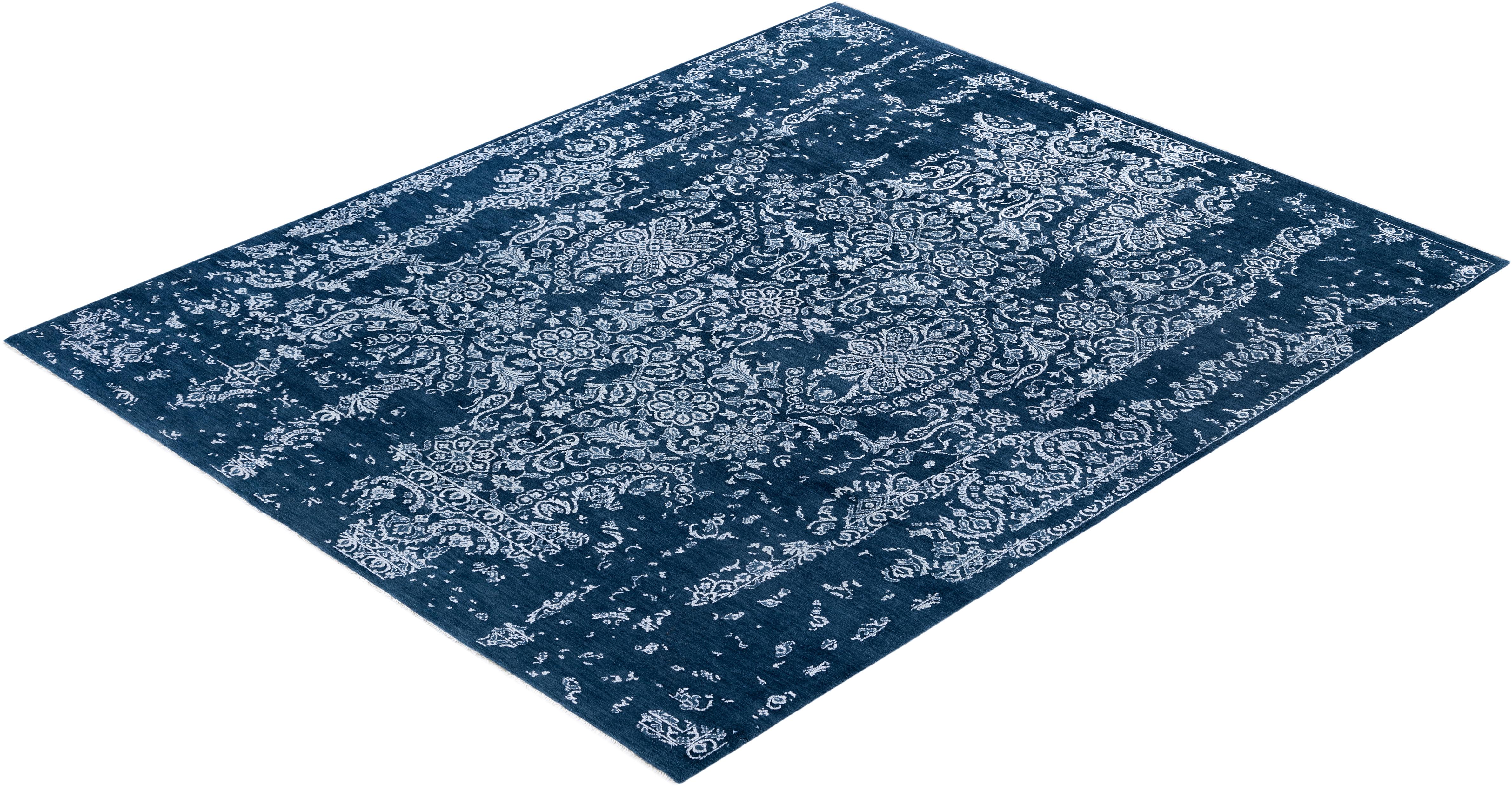 Traditional Abstract Wool, Silk Hand Knotted Navy Area Rugs 8' 0