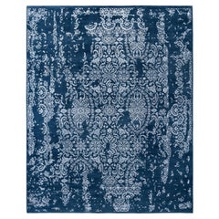 Tapis abstrait traditionnel en laine et soie, noué à la main, bleu marine 8' 0" x 9' 10".