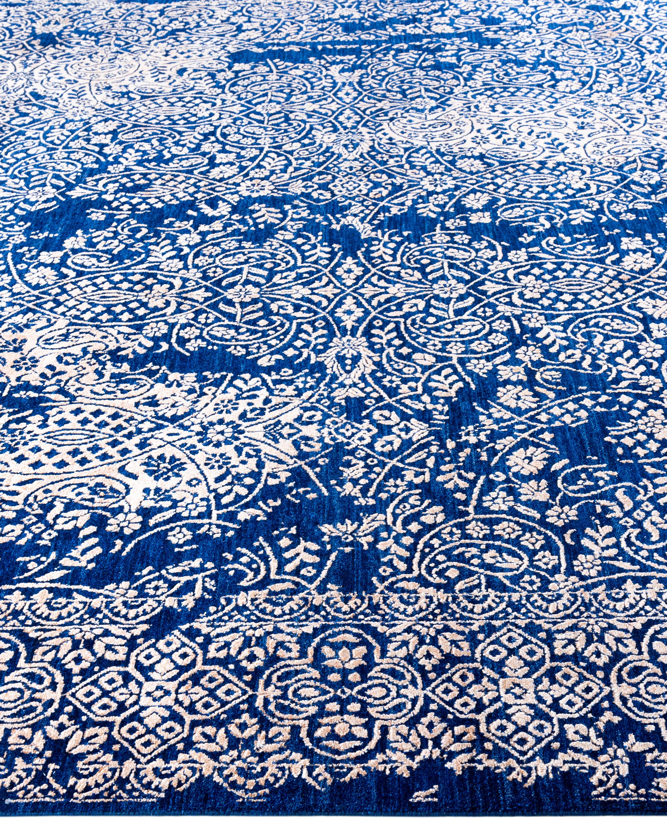 Annodato a mano Traditional Abstract Wool, Silk Hand Knoted Navy Area Rugs 9' 0
