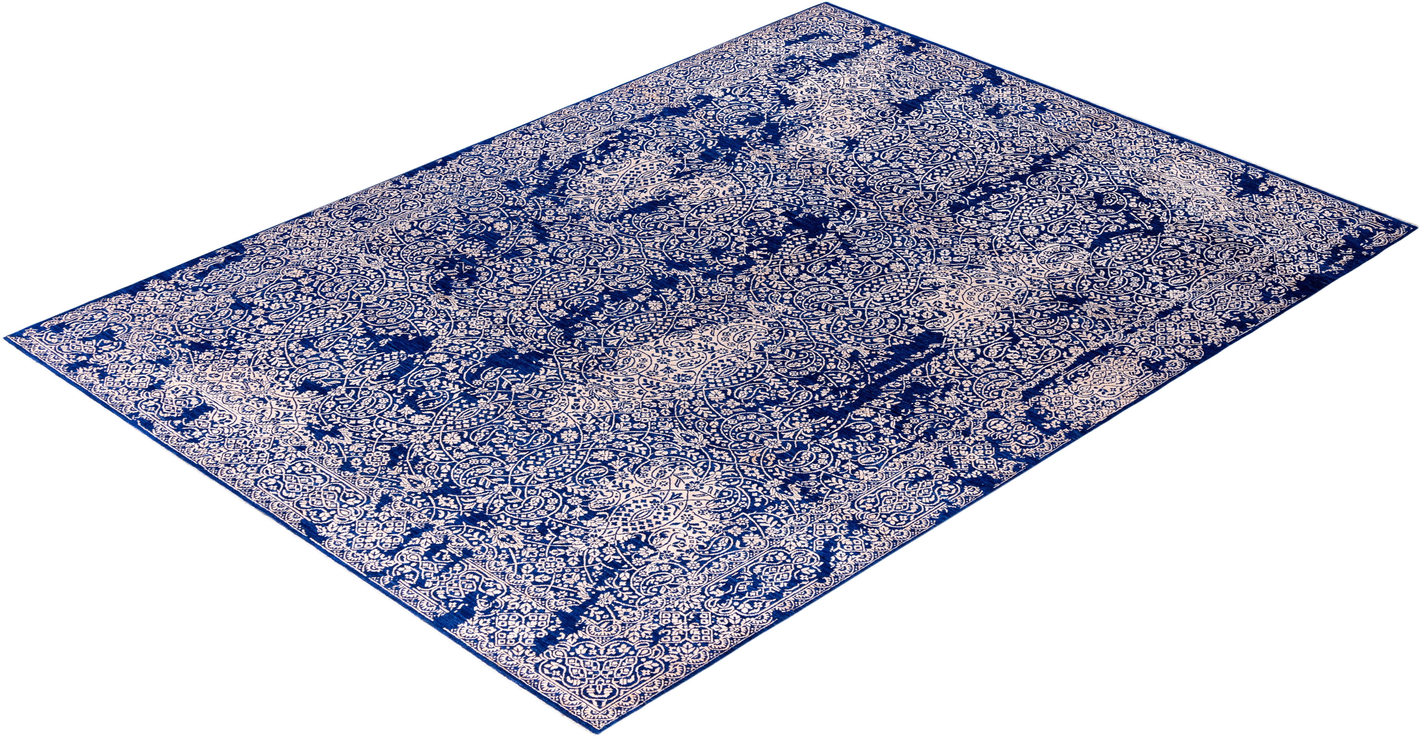 Traditional Abstract Wool, Silk Hand Knoted Navy Area Rugs 9' 0
