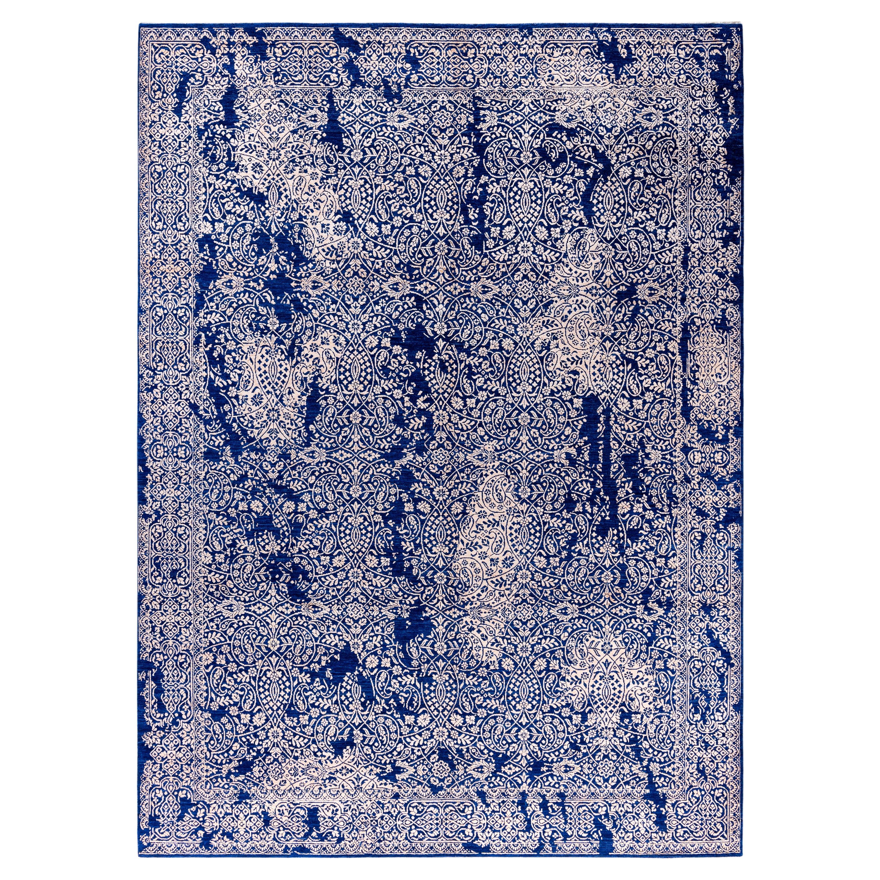 Traditional Abstract Wool, Silk Hand Knoted Navy Area Rugs 9' 0" x 12' 4"