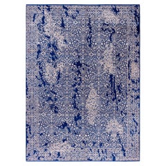 Alfombra tradicional abstracta de lana y seda anudada a mano azul marino 9' 0" x 12' 4