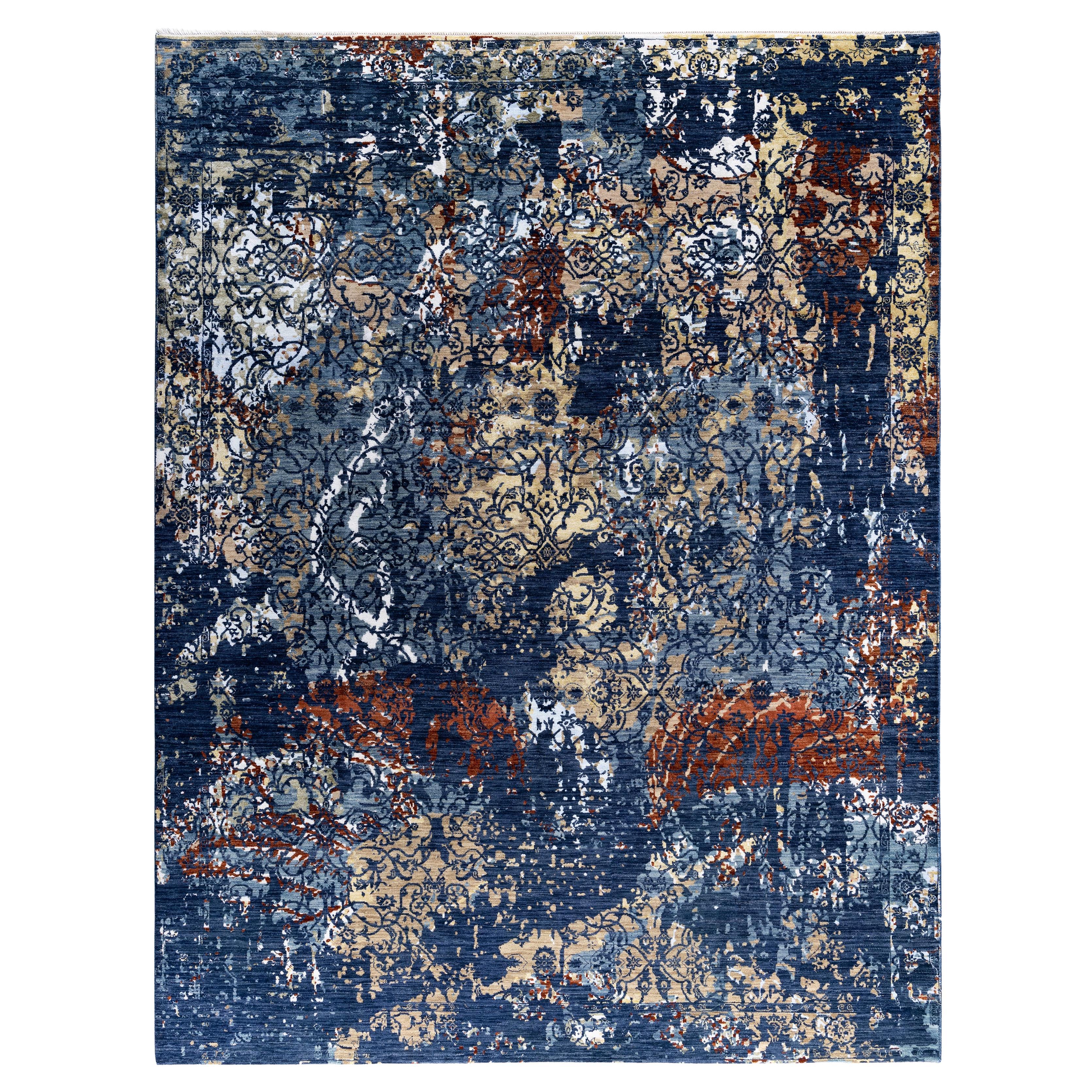 Traditional Abstract Wool, Silk Hand Knoted Navy Area Rugs 9' 2" x 11' 10"