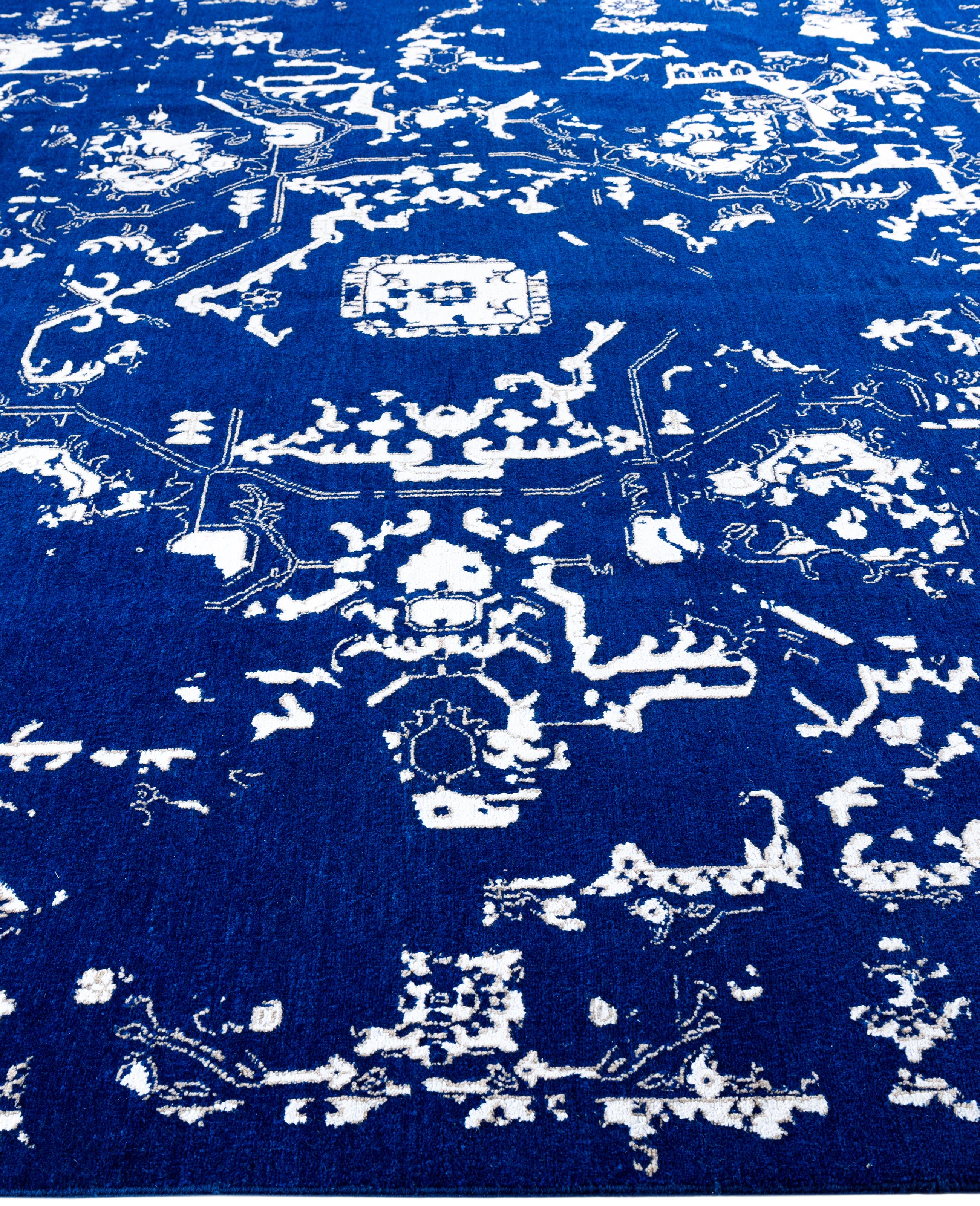 Annodato a mano Traditional Abstract Wool, Silk Hand Knoted Navy Area Rugs 9' 2