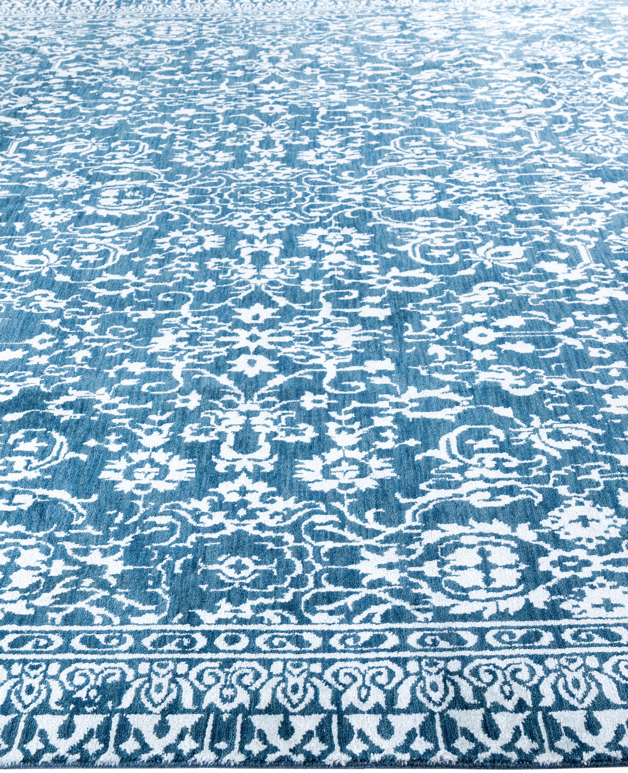 Annodato a mano Traditional Abstract Wool, Silk Hand Knoted Navy Area Rugs 9' 2