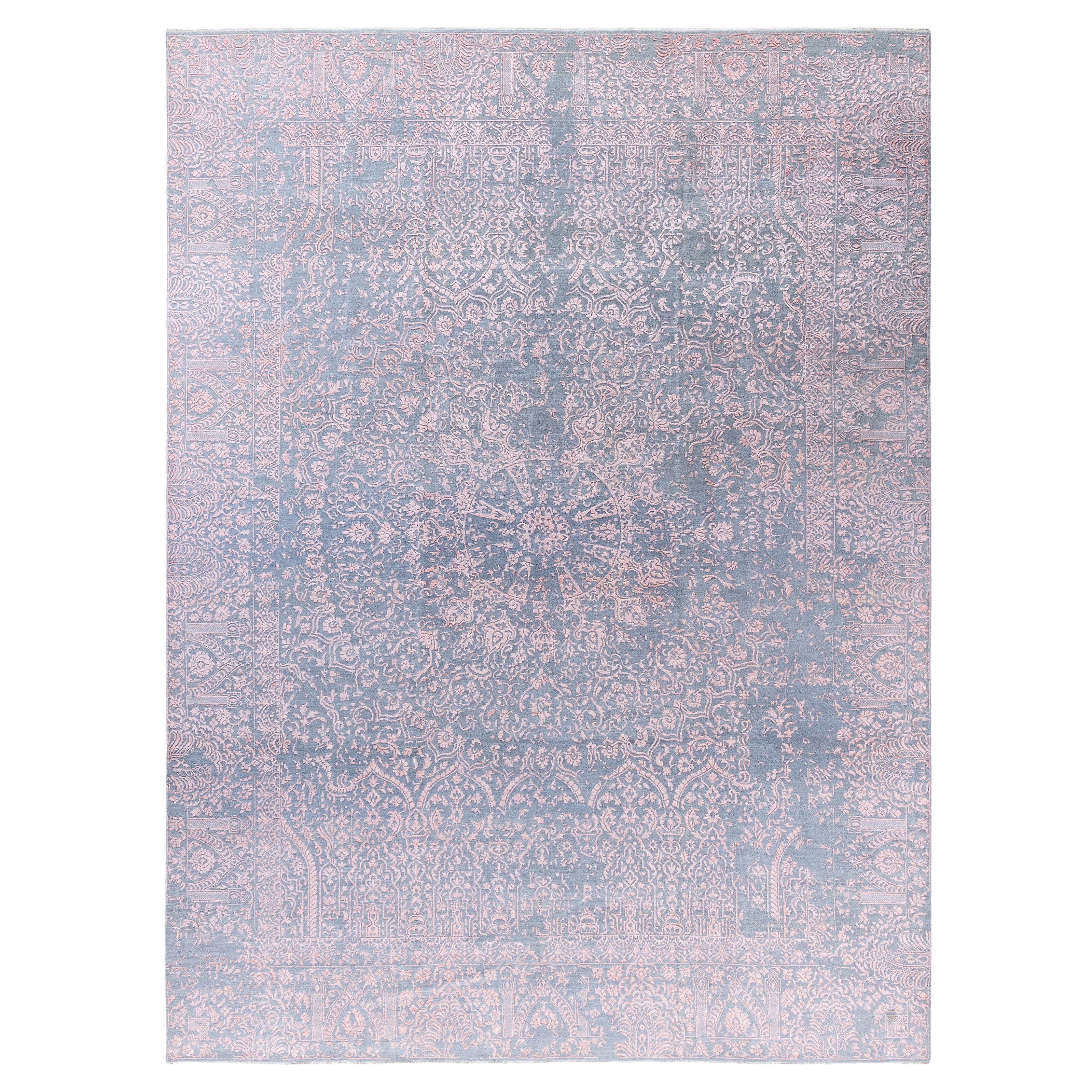 Traditioneller abstrakter handgeknüpfter rosafarbener Teppich aus Wolle und Seide 9' 1" x 12' 3"