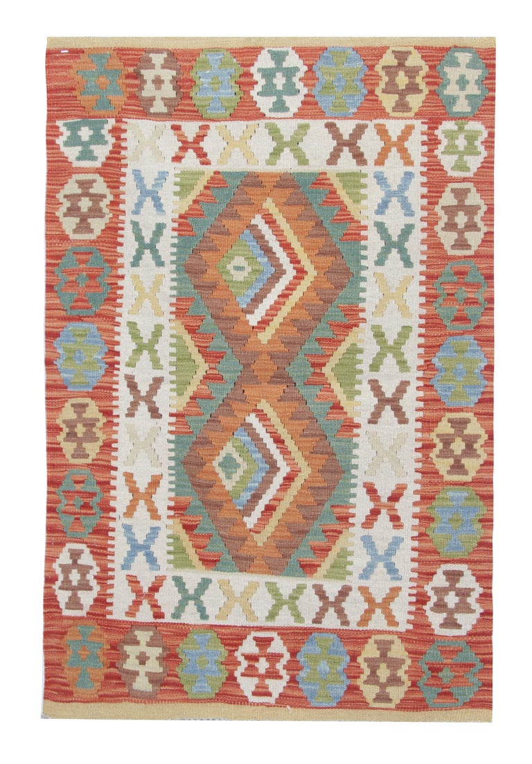 Traditional Afghan Kilim Rug Orange and Green Wool Rug For Sale at 1stDibs
