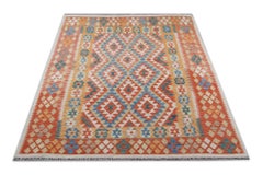 Traditional Afghan Kilim Rug, Oriental Carpet Orange and Blue Wool Rug