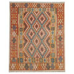 Traditional Afghan Kilim Rug, Oriental Carpet Orange and Blue Wool Rug