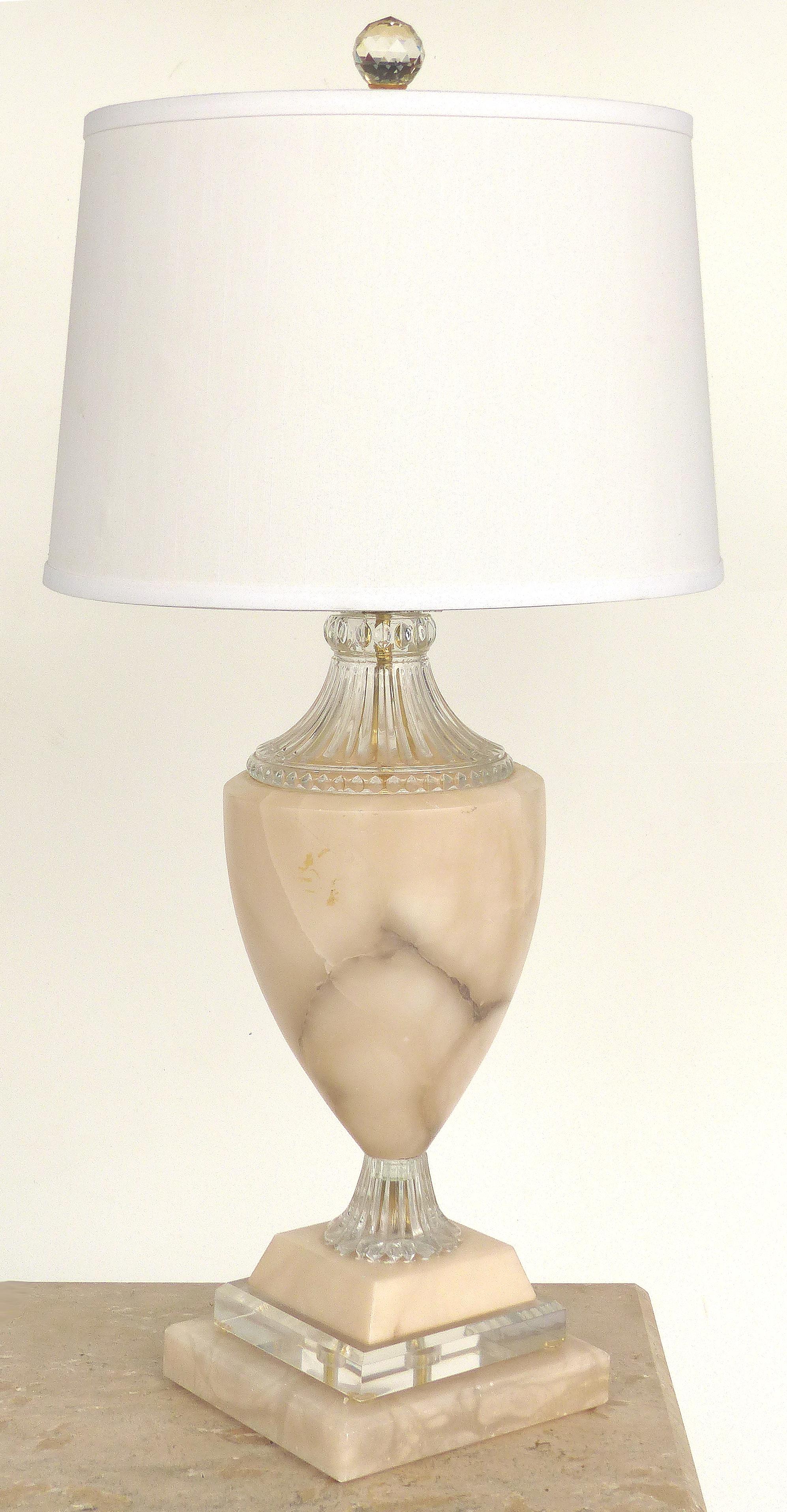 Faceted Traditional Alabaster Urn Form Table Lamps with Glass and Crystal Accents, Pair