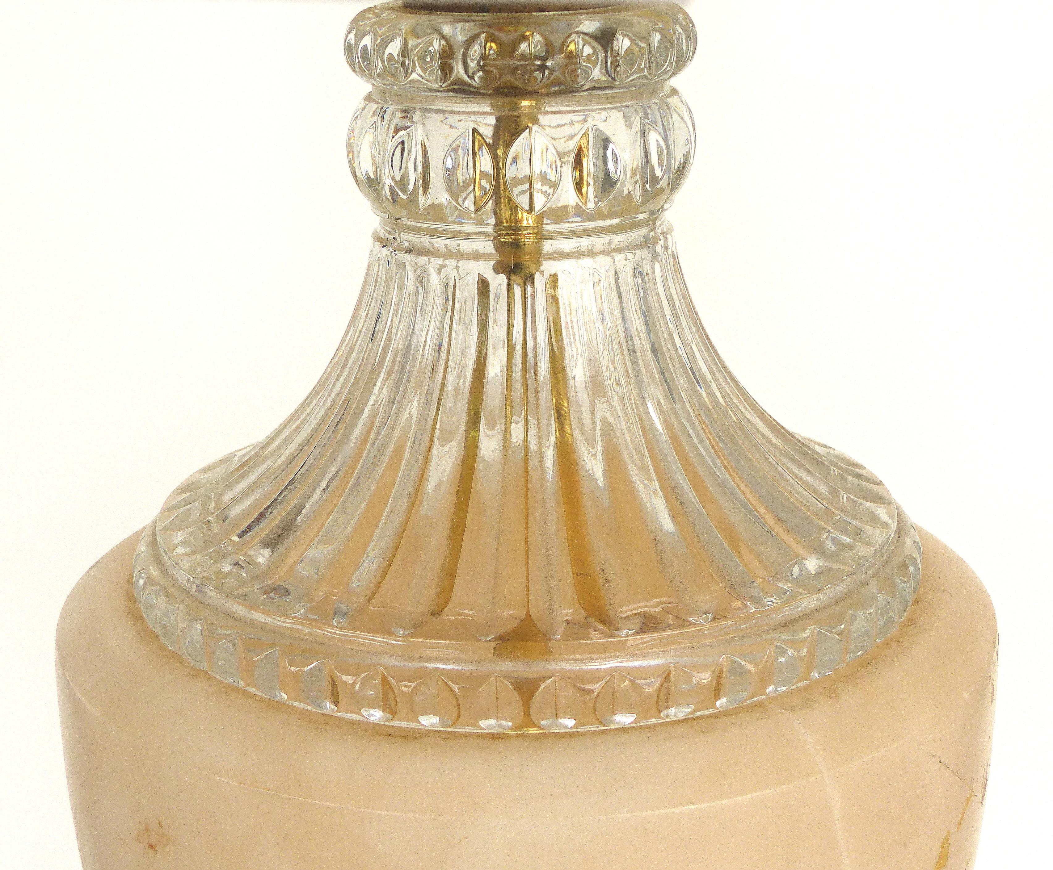20th Century Traditional Alabaster Urn Form Table Lamps with Glass and Crystal Accents, Pair