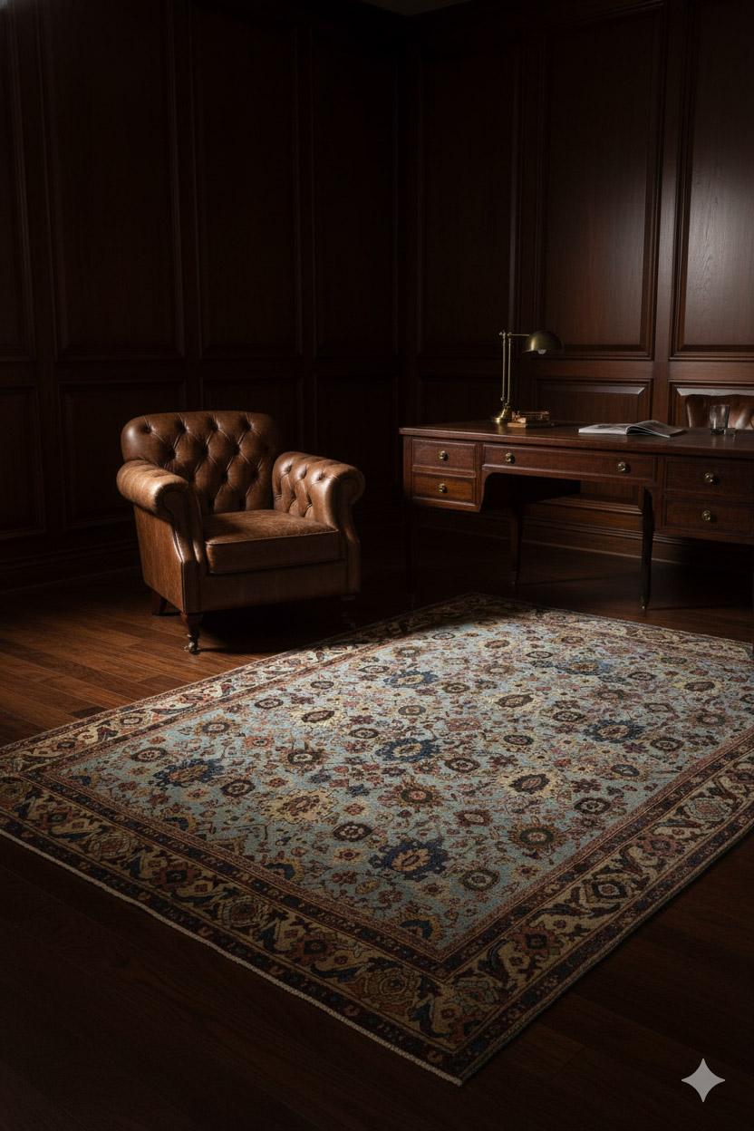 Dieser gewebte Teppich zeichnet sich durch ein detailreiches Allover-Muster aus, das von einer geschichteten Bordüre im traditionellen Stil eingefasst wird. Der hellblaue Grund bildet einen luftigen Hintergrund für sich wiederholende florale und