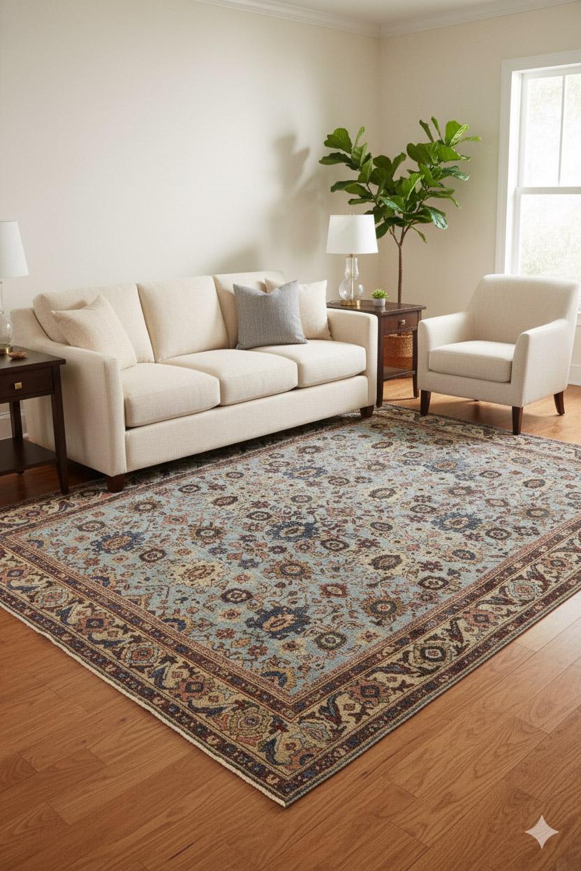 Traditioneller Allover-Webteppich, 7 Fuß × 9 Fuß, Hellblau und Rost (Sultanabad) im Angebot