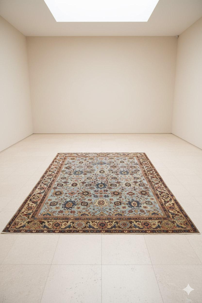 Traditioneller Allover-Webteppich, 7 Fuß × 9 Fuß, Hellblau und Rost (Handgewebt) im Angebot