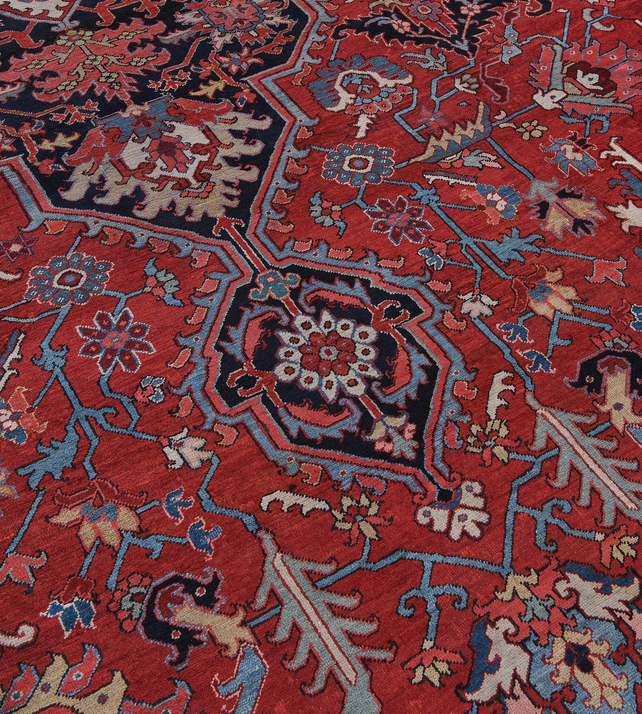 Hand-Knotted Traditional Antique Circa-1900 Brick-Red and Indigo Floral Persian Serapi Rug For Sale