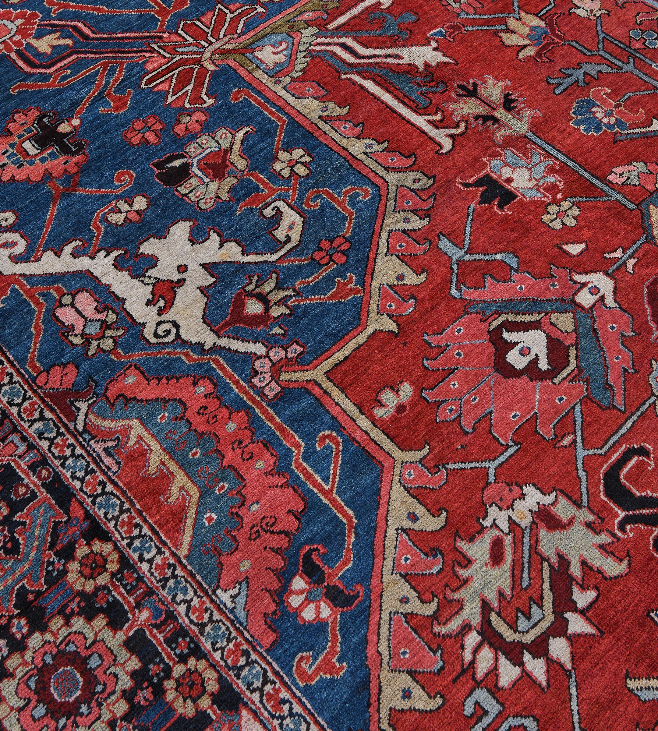20th Century Traditional Antique Circa-1900 Brick-Red and Indigo Floral Persian Serapi Rug For Sale