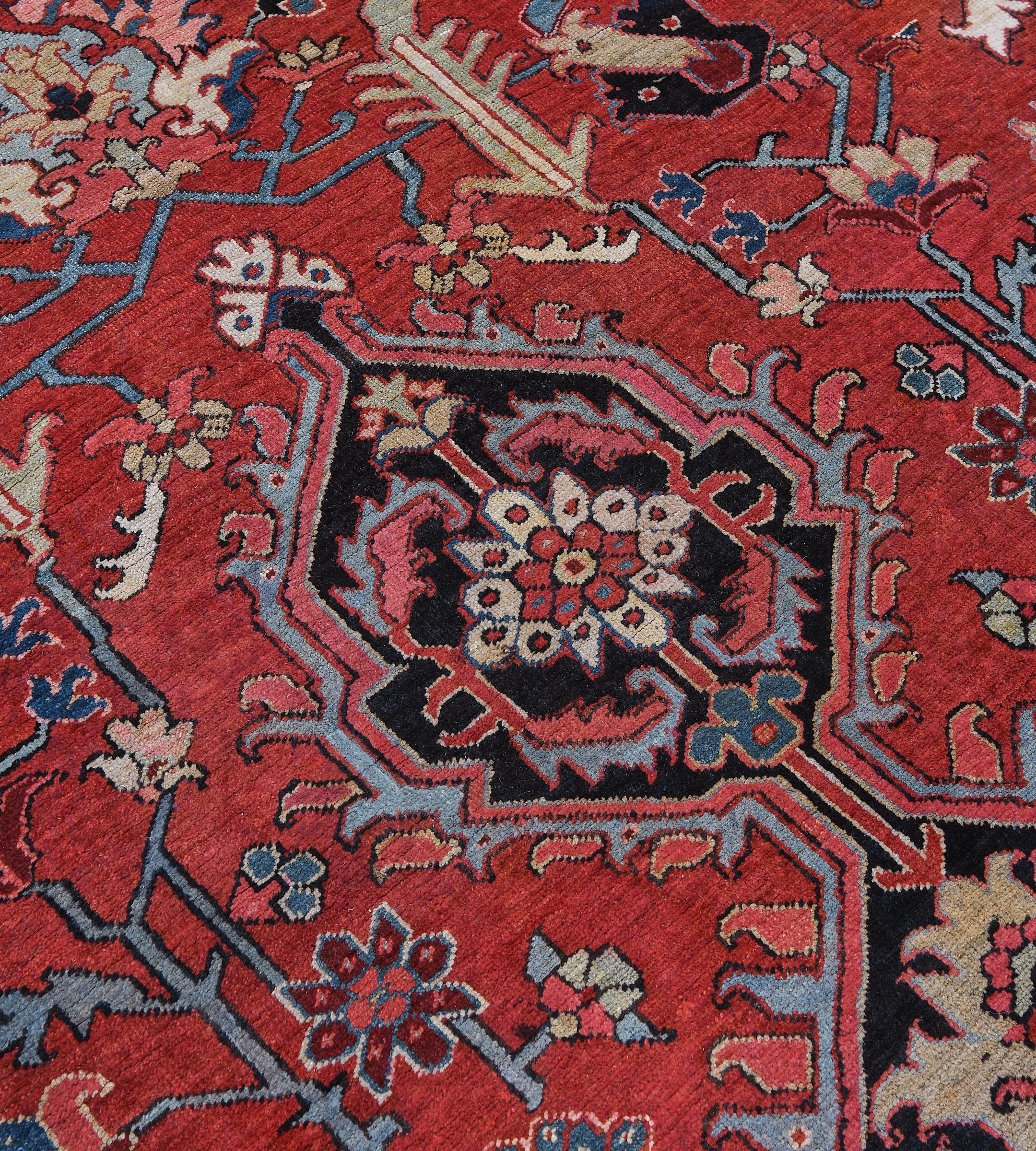 Wool Traditional Antique Circa-1900 Brick-Red and Indigo Floral Persian Serapi Rug For Sale