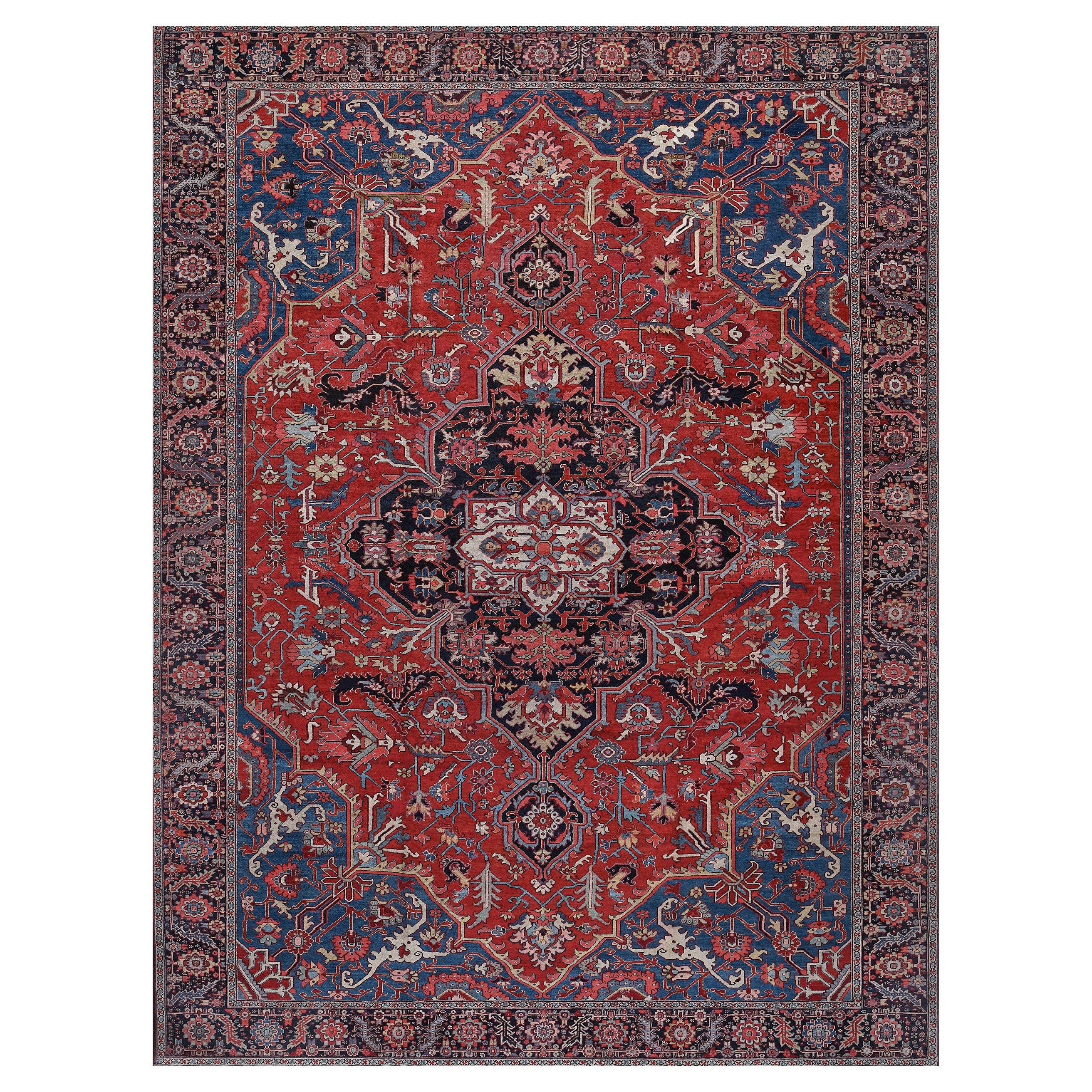 Traditional Antique Circa-1900 Brick-Red and Indigo Floral Persian Serapi Rug For Sale