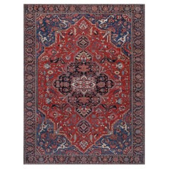 Traditional Antique Circa-1900 Brick-Red and Indigo Floral Persian Serapi Rug