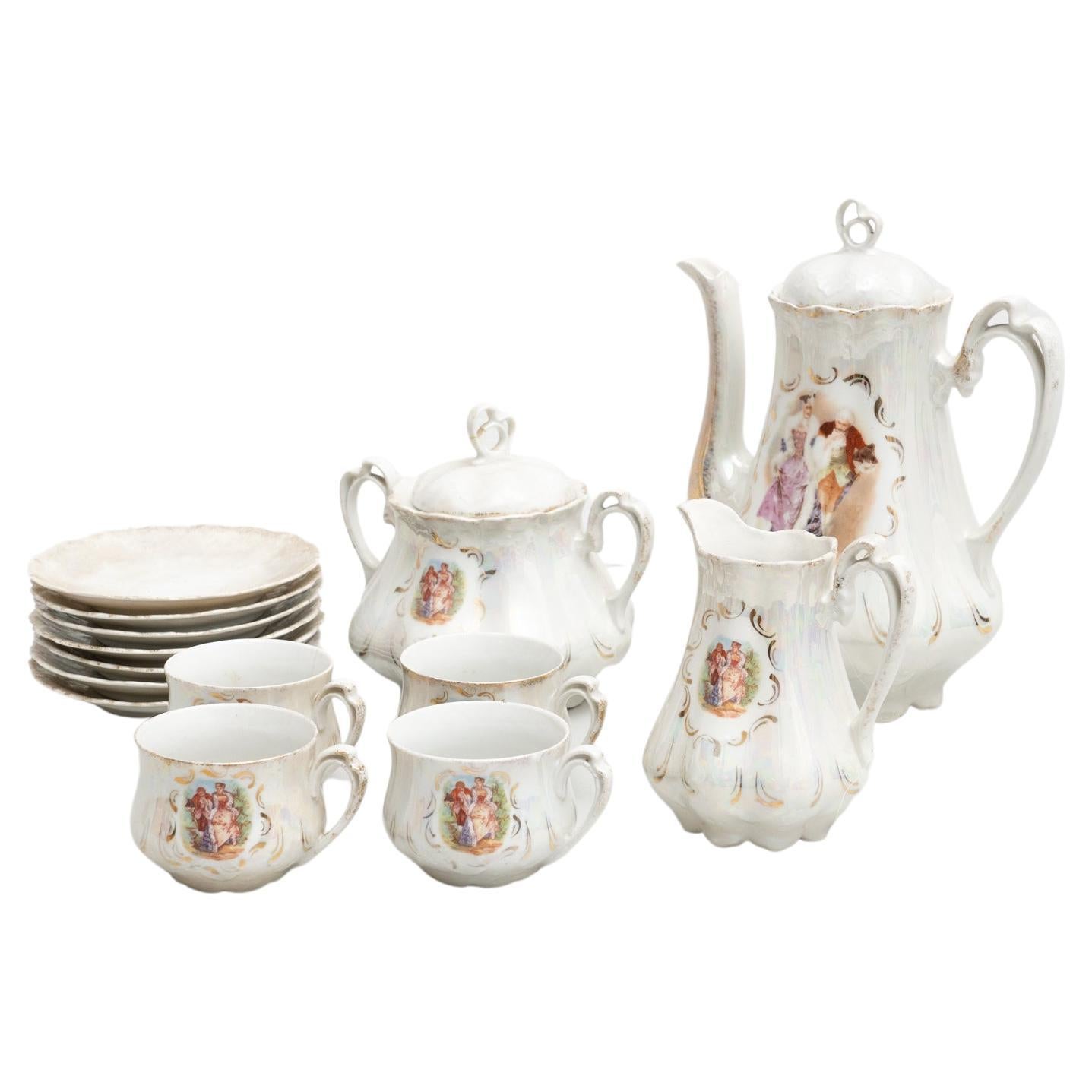 Traditional Antique French Porcelain Coffee Set of 14 Pieces, circa 1940 For Sale