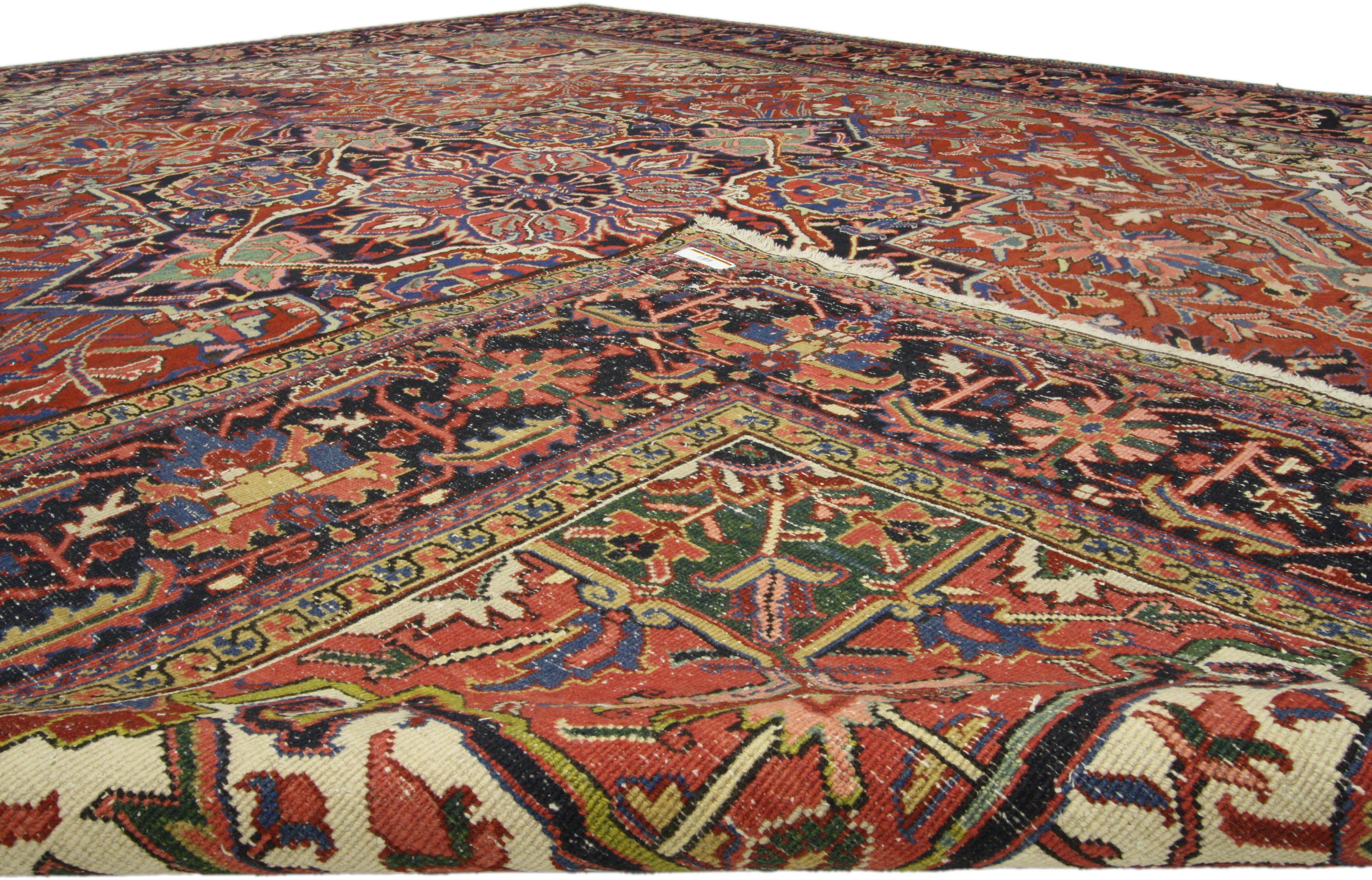 Tudor Traditional Antique Persian Heriz Rug with English Country Style Manor House For Sale