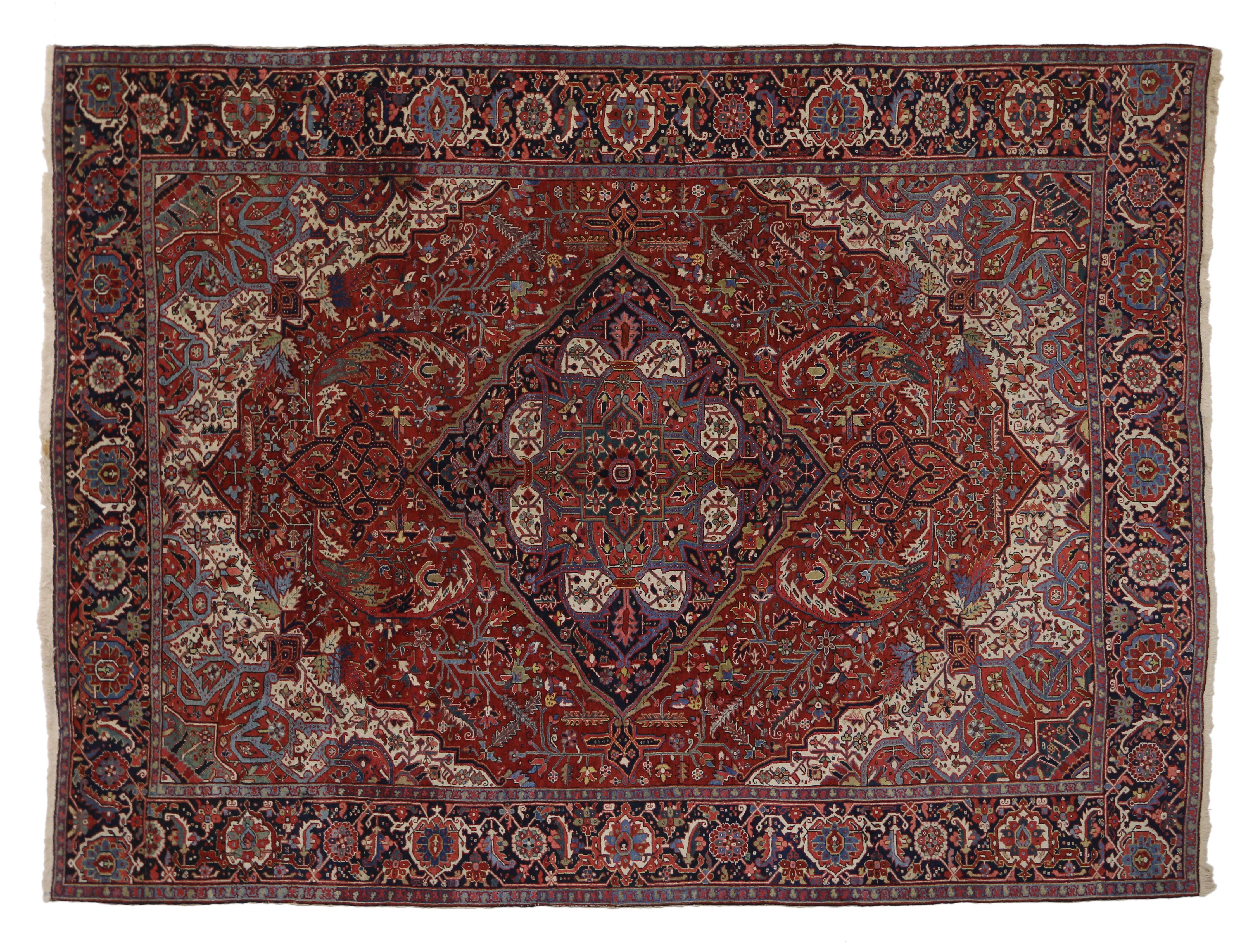 Hand-Knotted Traditional Antique Persian Heriz Rug with English Country Style Manor House For Sale