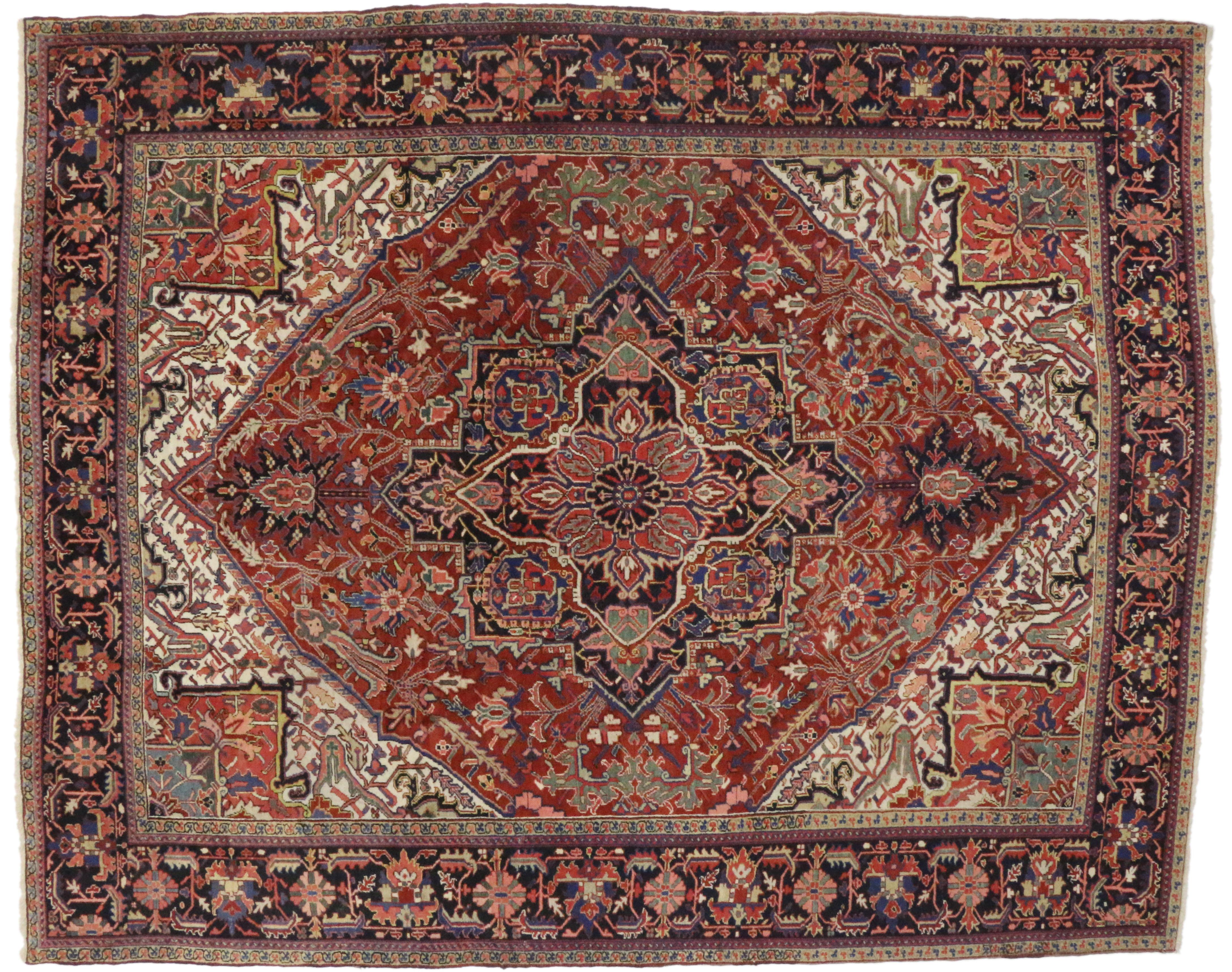 Hand-Knotted Traditional Antique Persian Heriz Rug with English Country Style Manor House For Sale