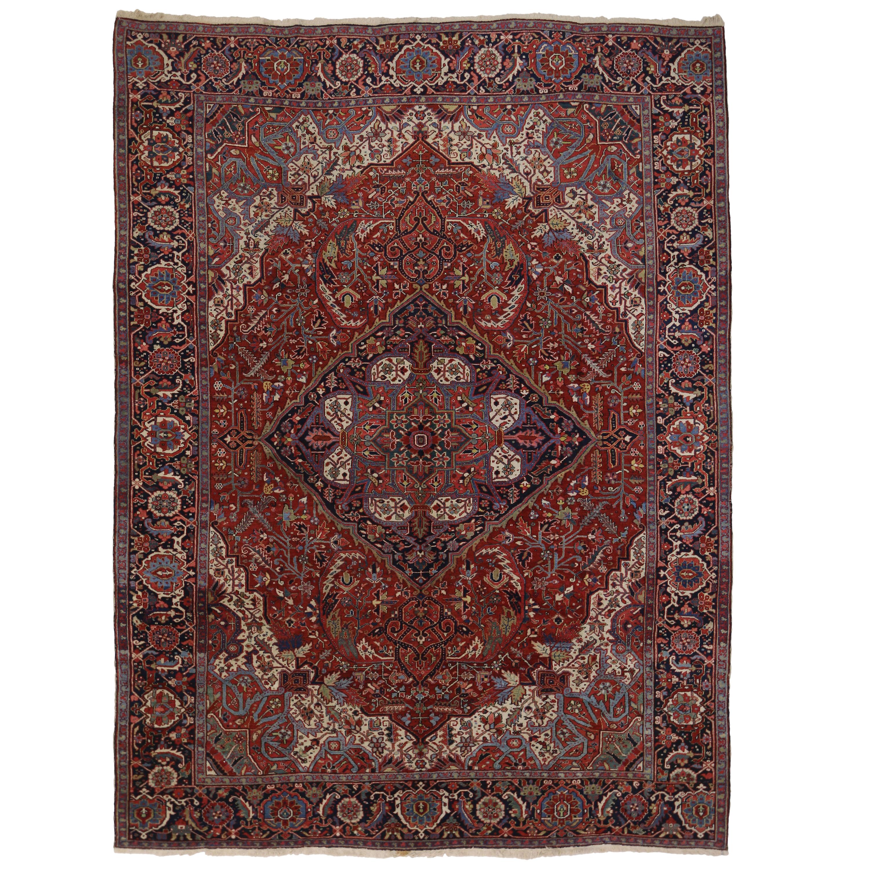 Traditional Antique Persian Heriz Rug with English Country Style Manor House For Sale