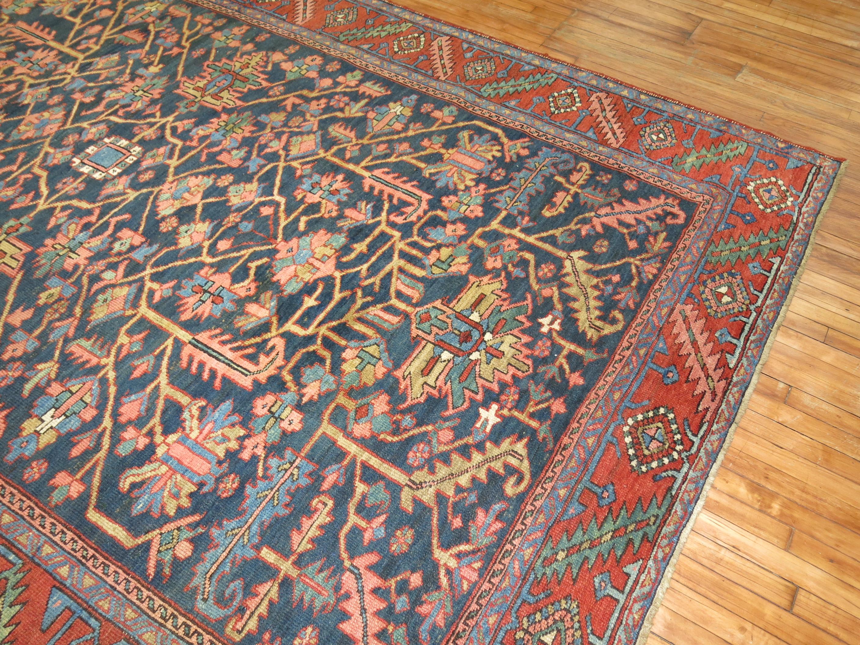 Serapi Traditional Antique Persian Navy Geometric Heriz Rug For Sale