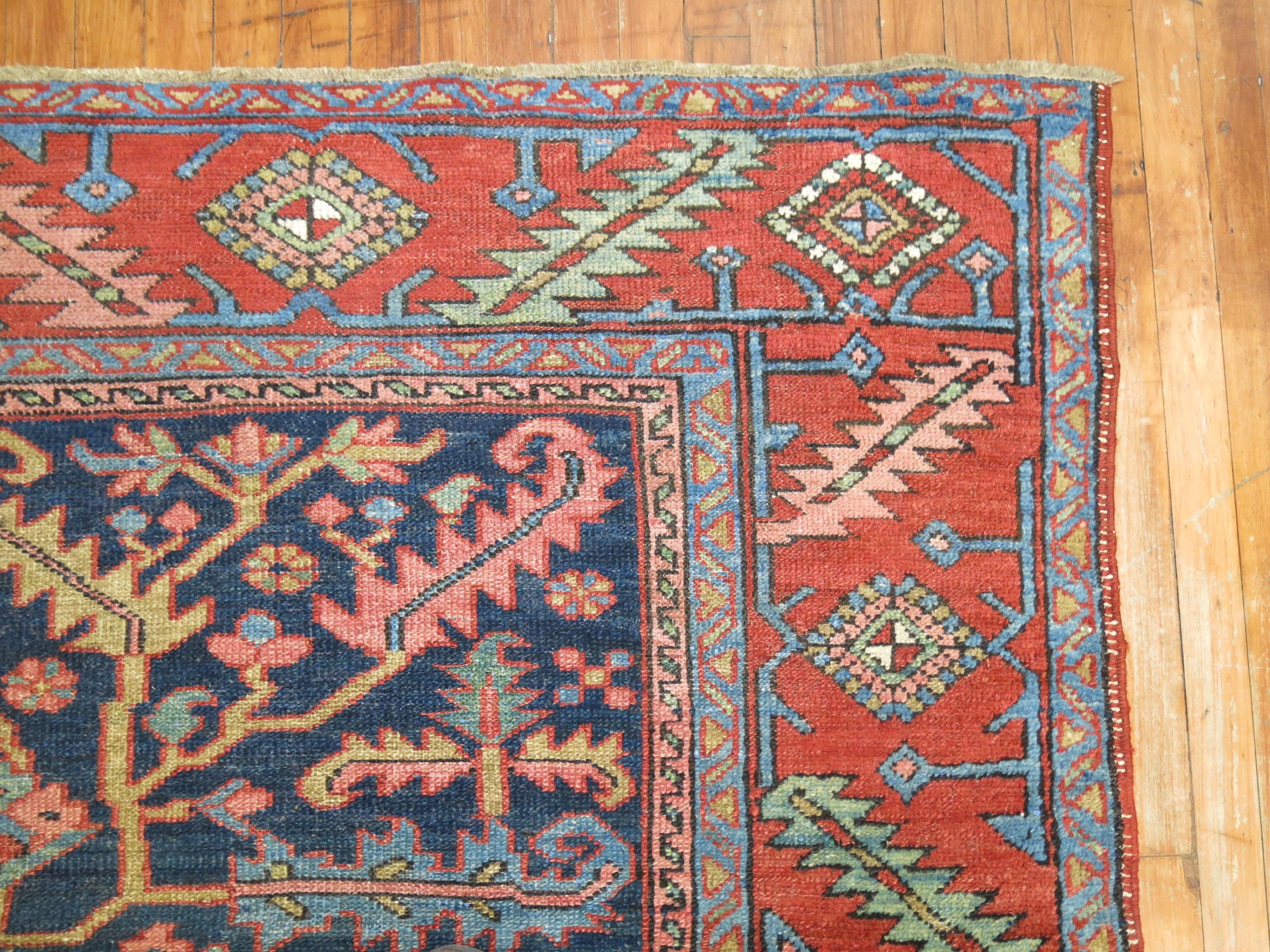 Wool Traditional Antique Persian Navy Geometric Heriz Rug For Sale