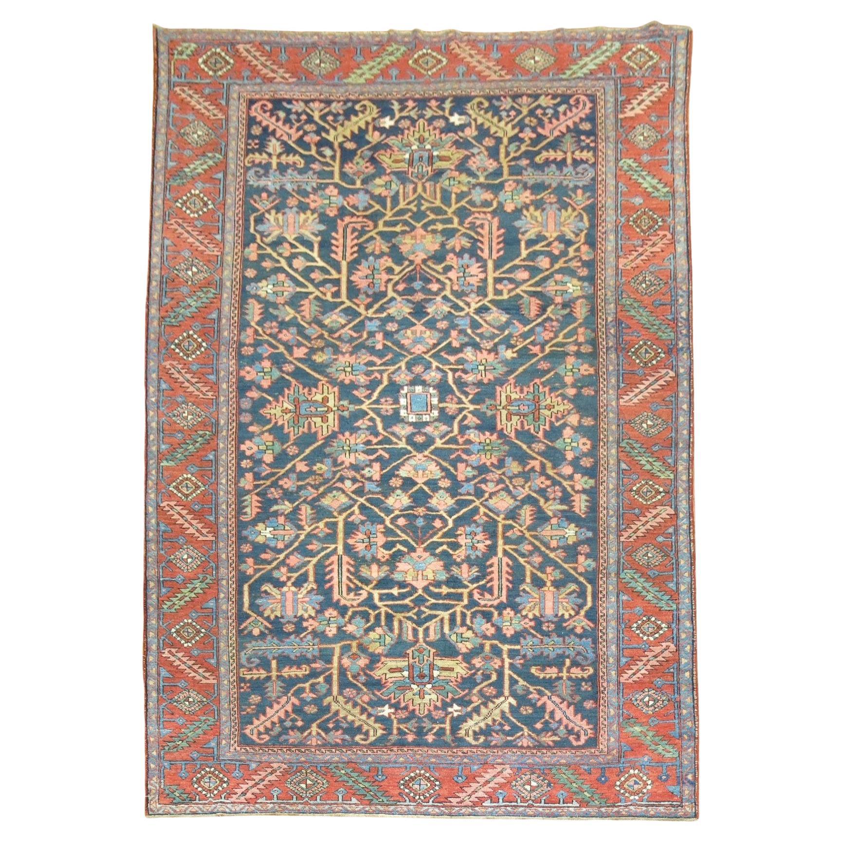 Traditional Antique Persian Navy Geometric Heriz Rug For Sale