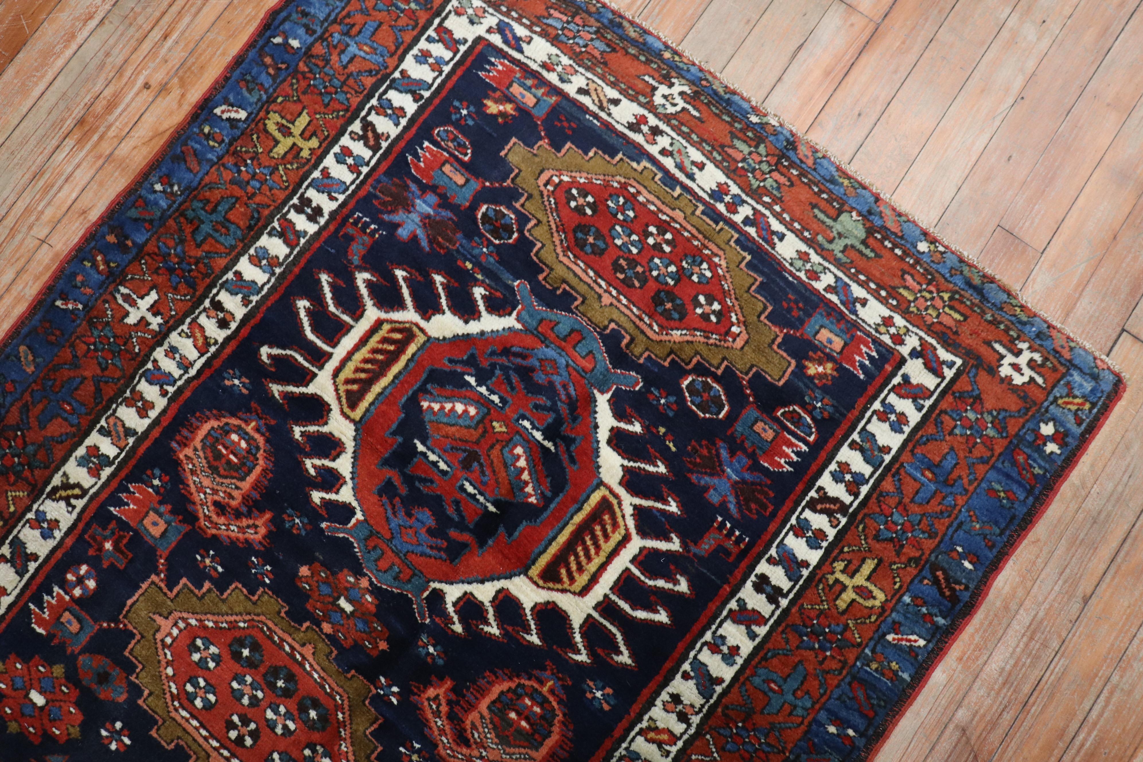 Traditional Antique Persian Square Navy Blue Heriz Rug In Good Condition For Sale In New York, NY