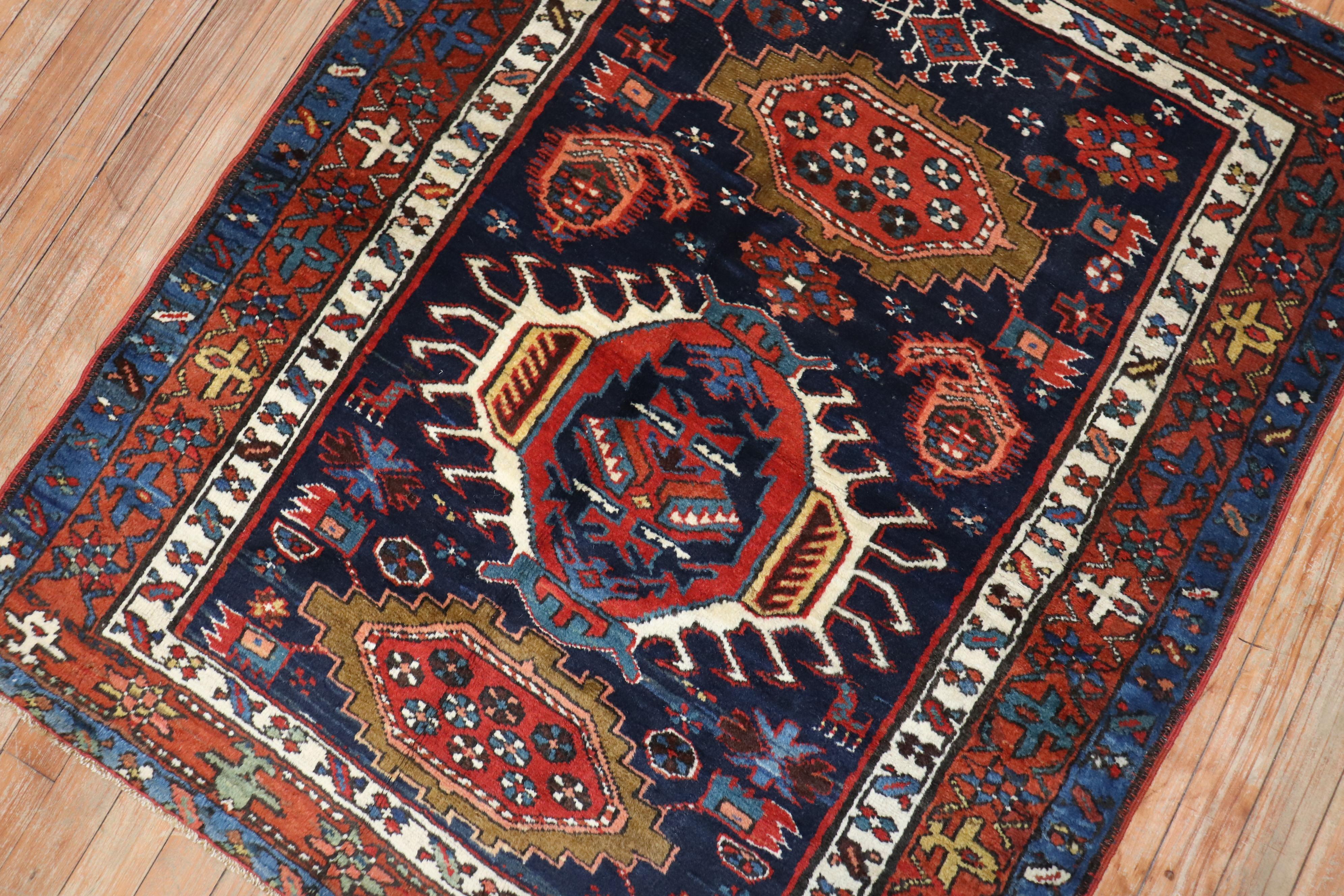 20th Century Traditional Antique Persian Square Navy Blue Heriz Rug For Sale