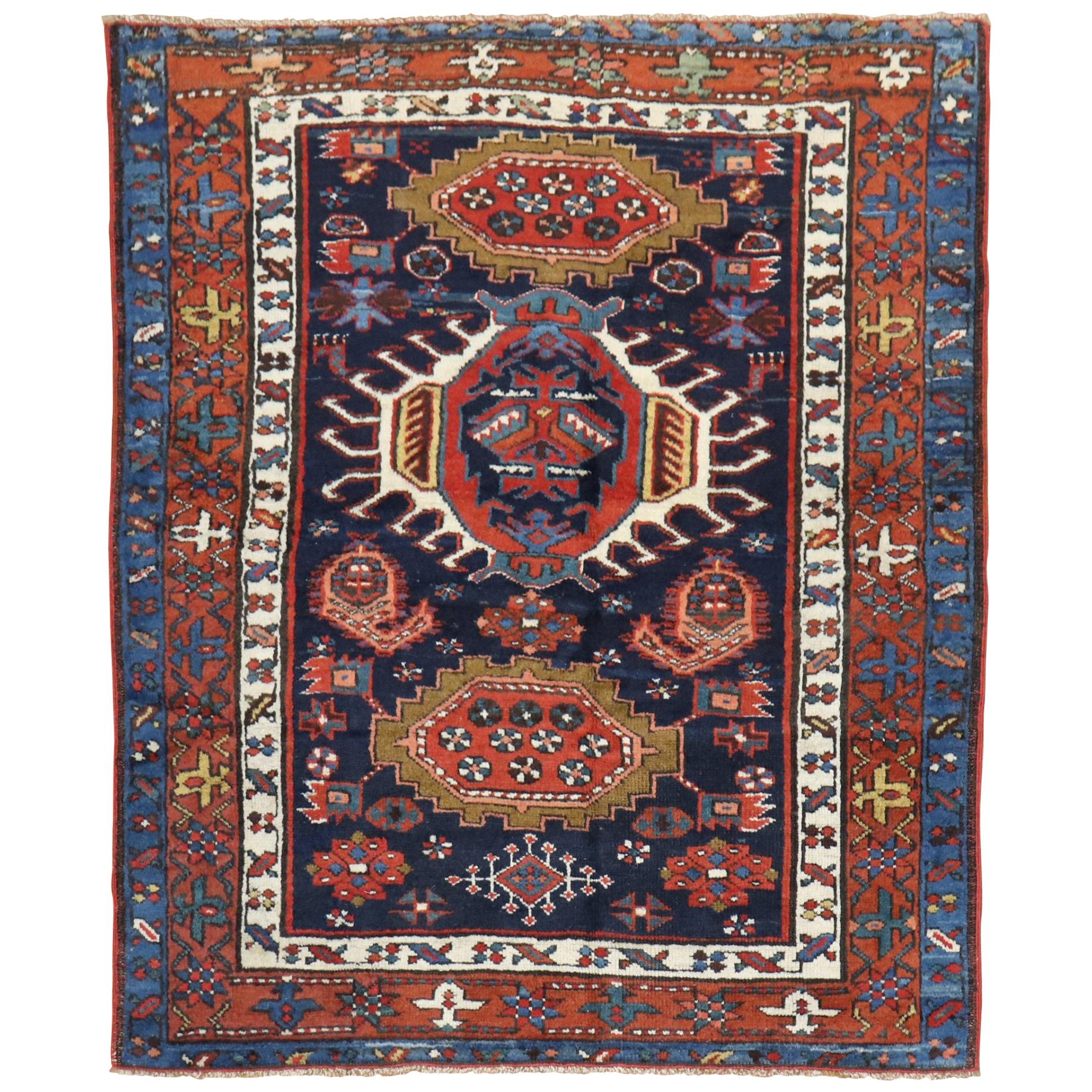 Traditional Antique Persian Square Navy Blue Heriz Rug For Sale