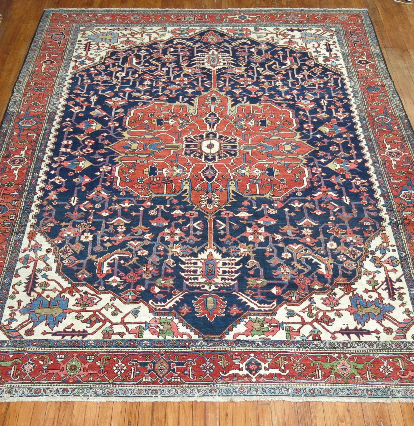 Traditional Antique Persian Square Navy Geometric Heriz Rug For Sale 11