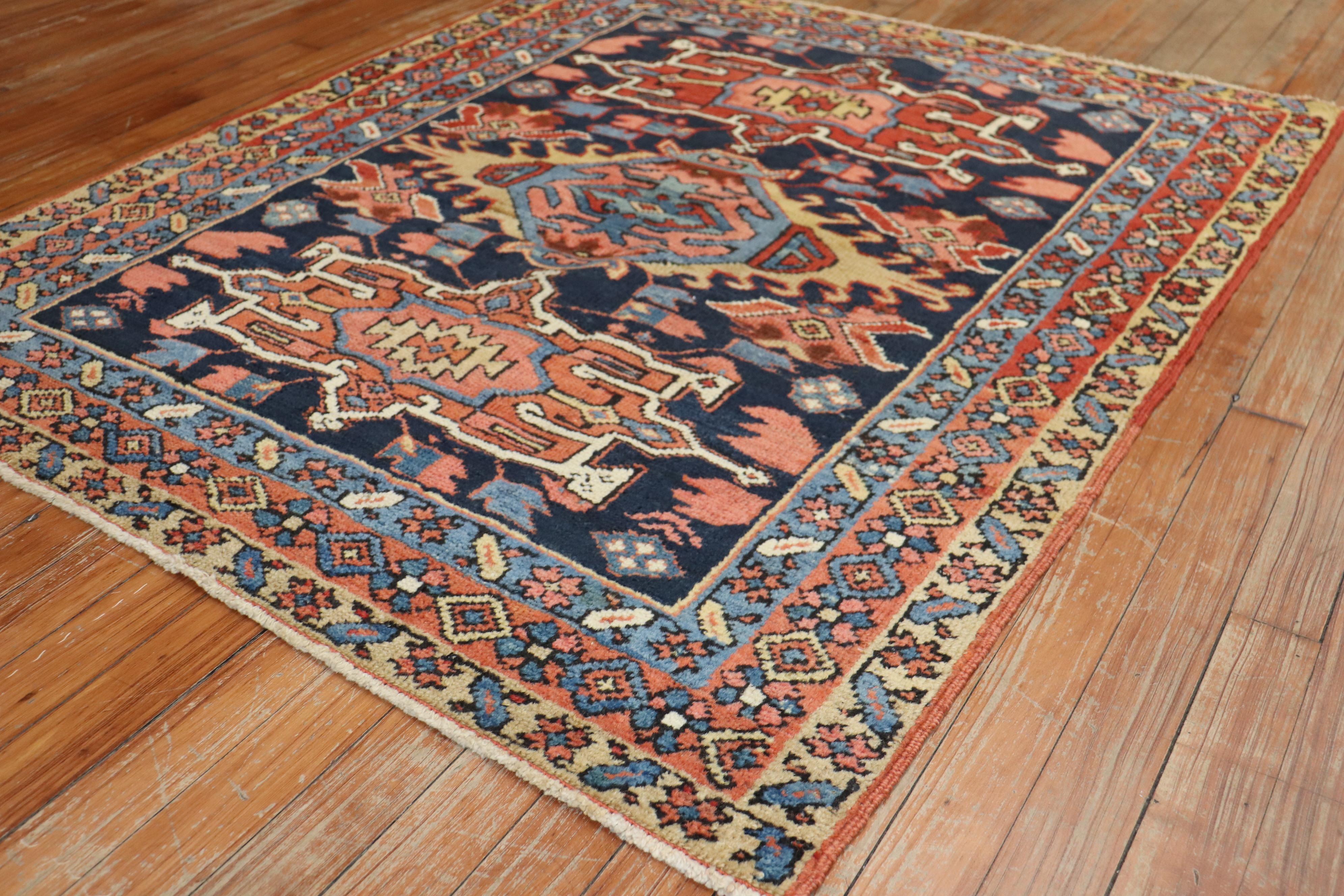 Serapi Traditional Antique Persian Square Navy Geometric Heriz Rug For Sale