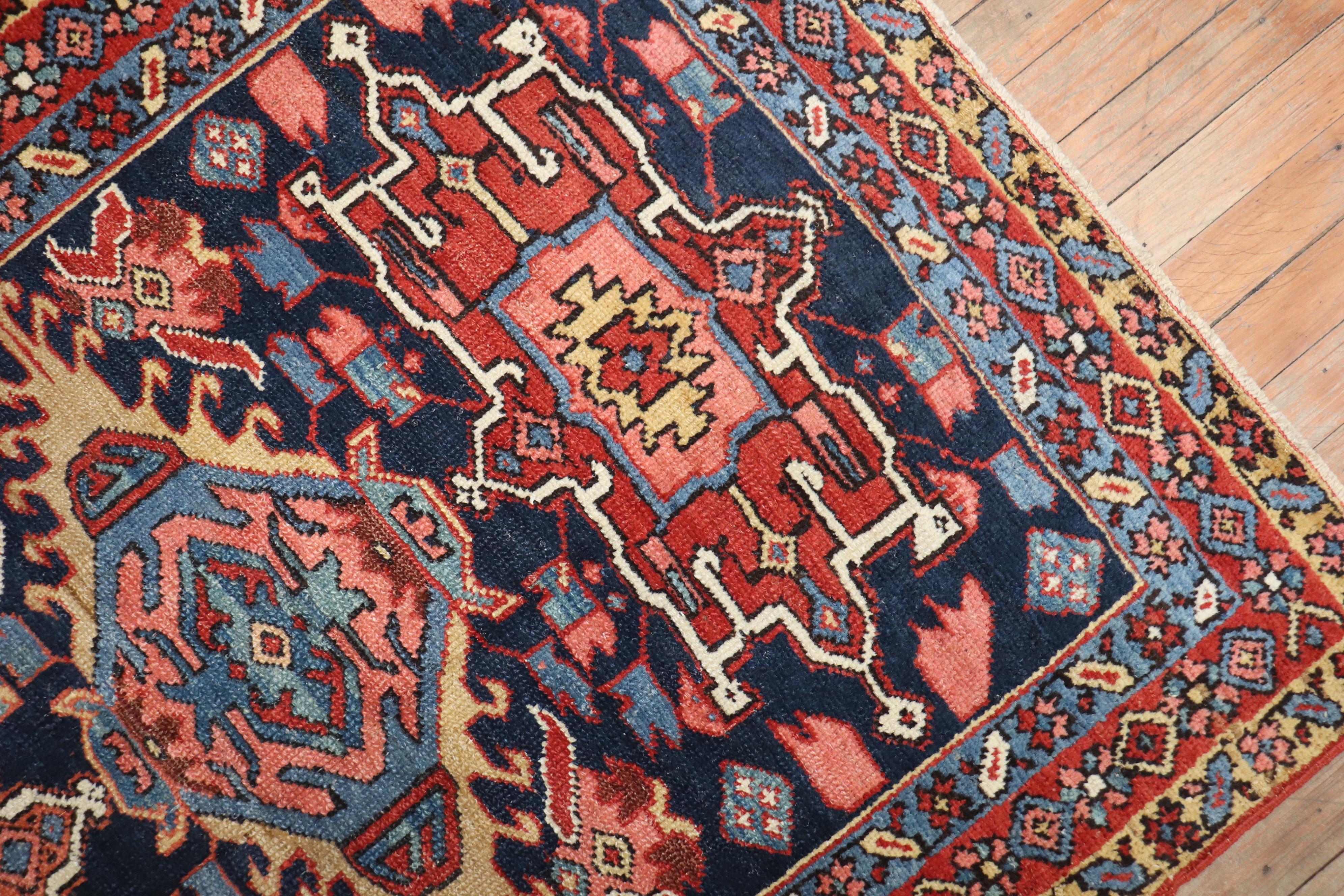 20th Century Traditional Antique Persian Square Navy Geometric Heriz Rug For Sale