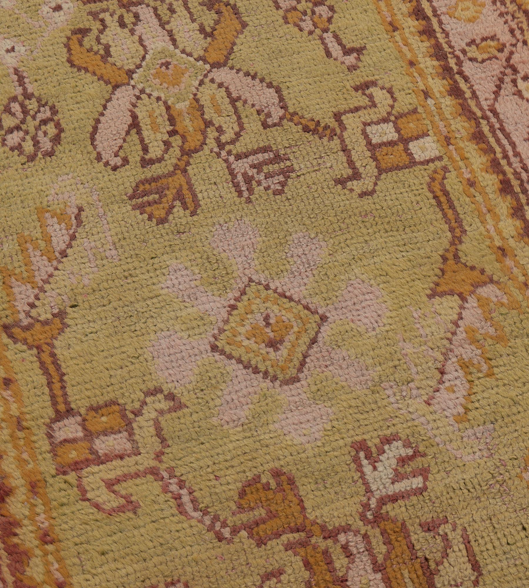 Turkish Traditional Antique Pistachio-Green and Pink Anatolian Oushak Runner For Sale