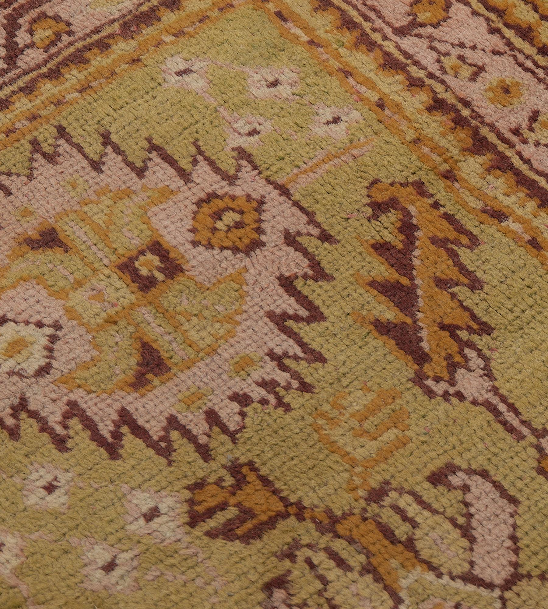 Hand-Knotted Traditional Antique Pistachio-Green and Pink Anatolian Oushak Runner For Sale