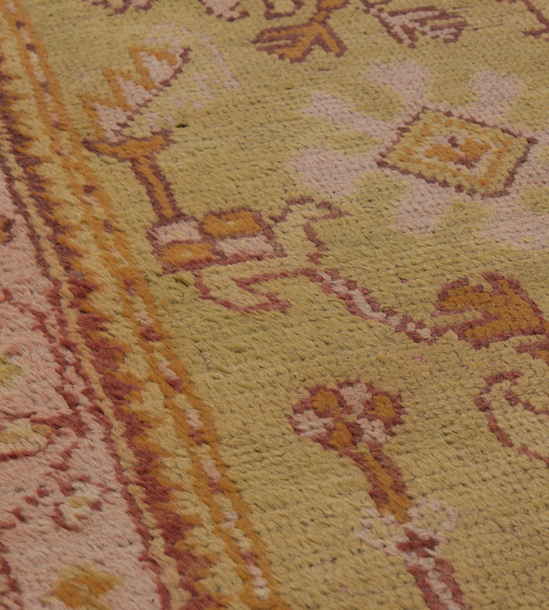 19th Century Traditional Antique Pistachio-Green and Pink Anatolian Oushak Runner For Sale